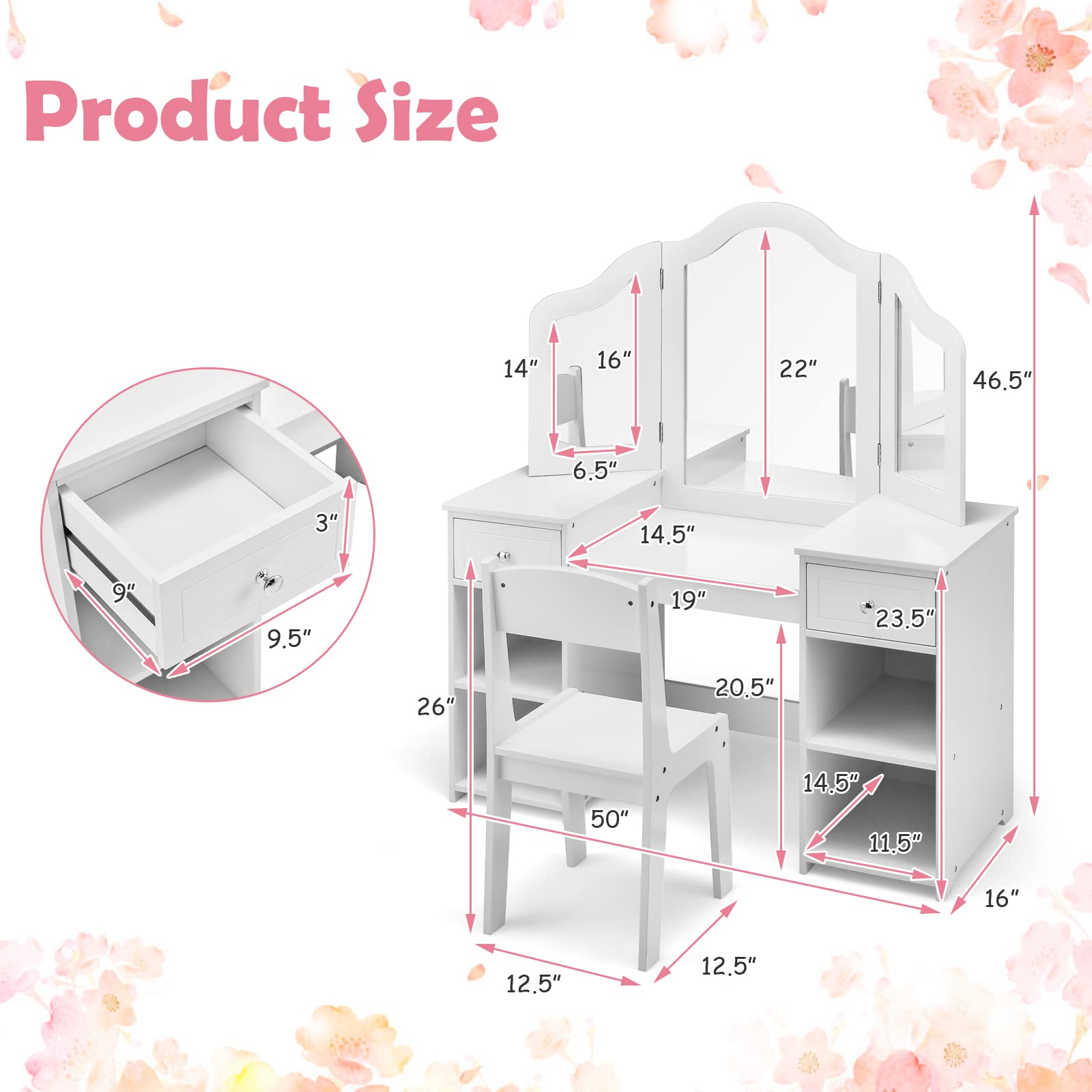 INFANS 2 in 1 Princess Makeup Desk and Chair Set with Drawers Tri-Folding Detachable Mirror Large Storage Shelves