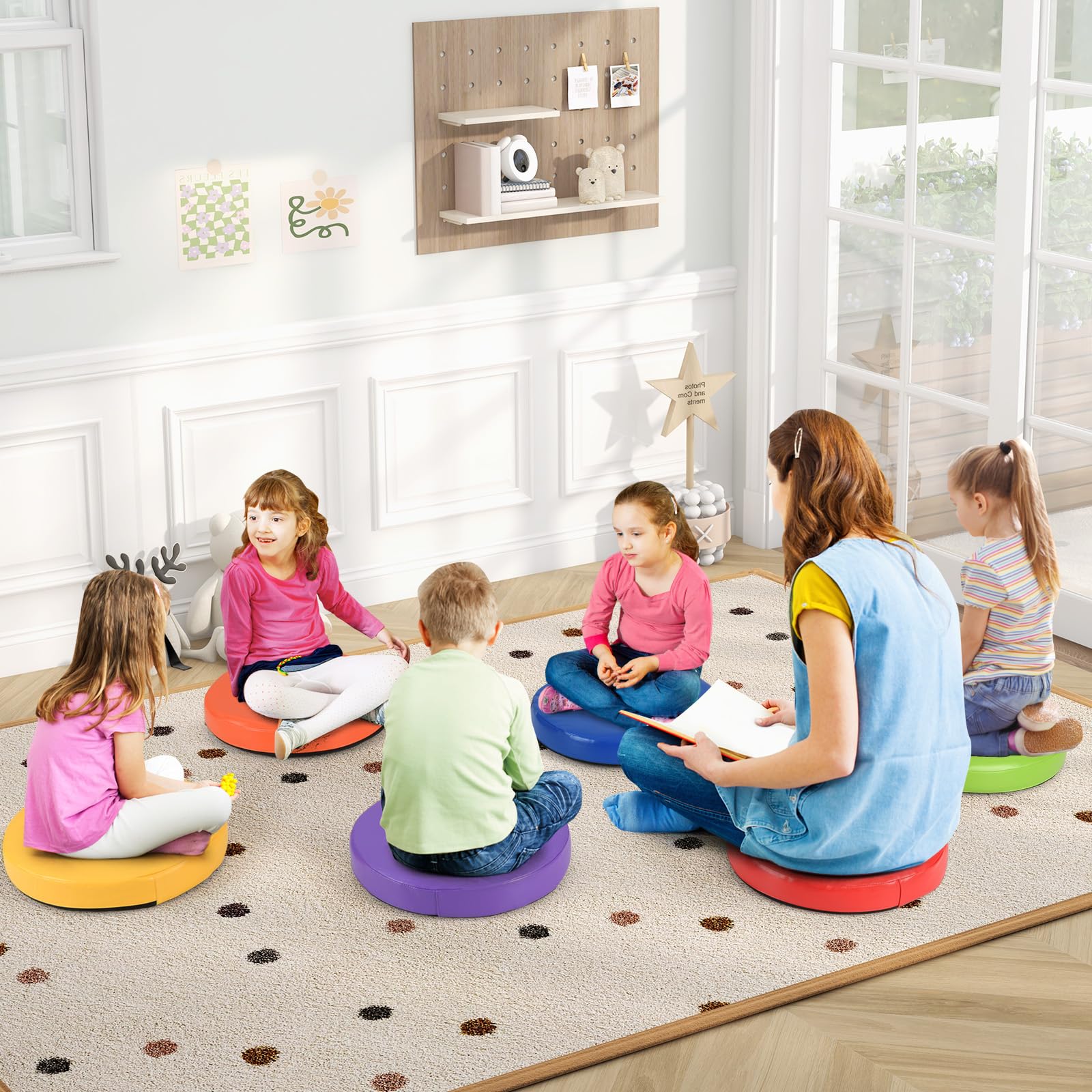 6 PCS Round Floor Cushions for Kids 35cm Classroom Floor Cushions with Handles