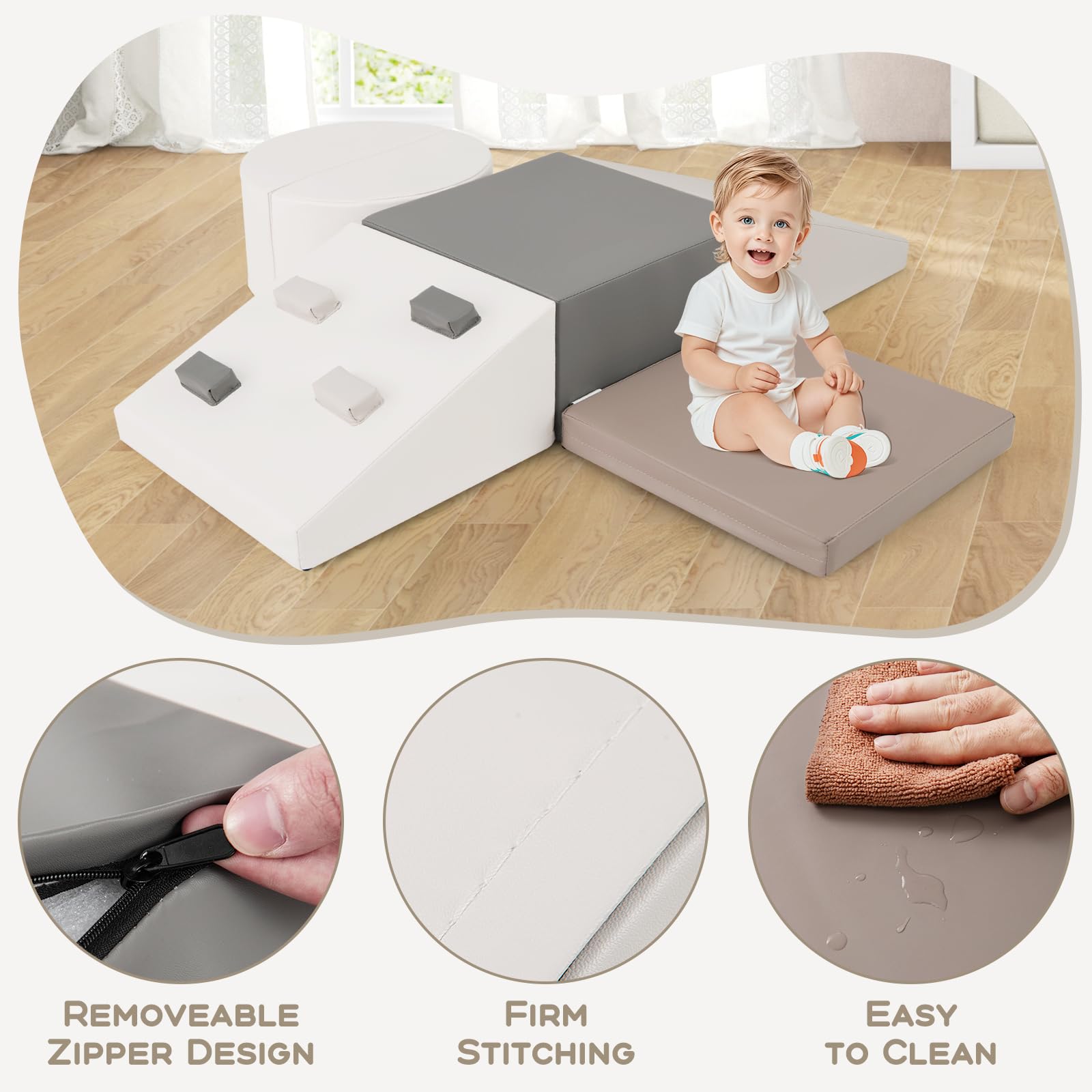 Climbing Toys for Toddlers, 6 Pieces Baby Foam Blocks Soft Play Set with PU Leather