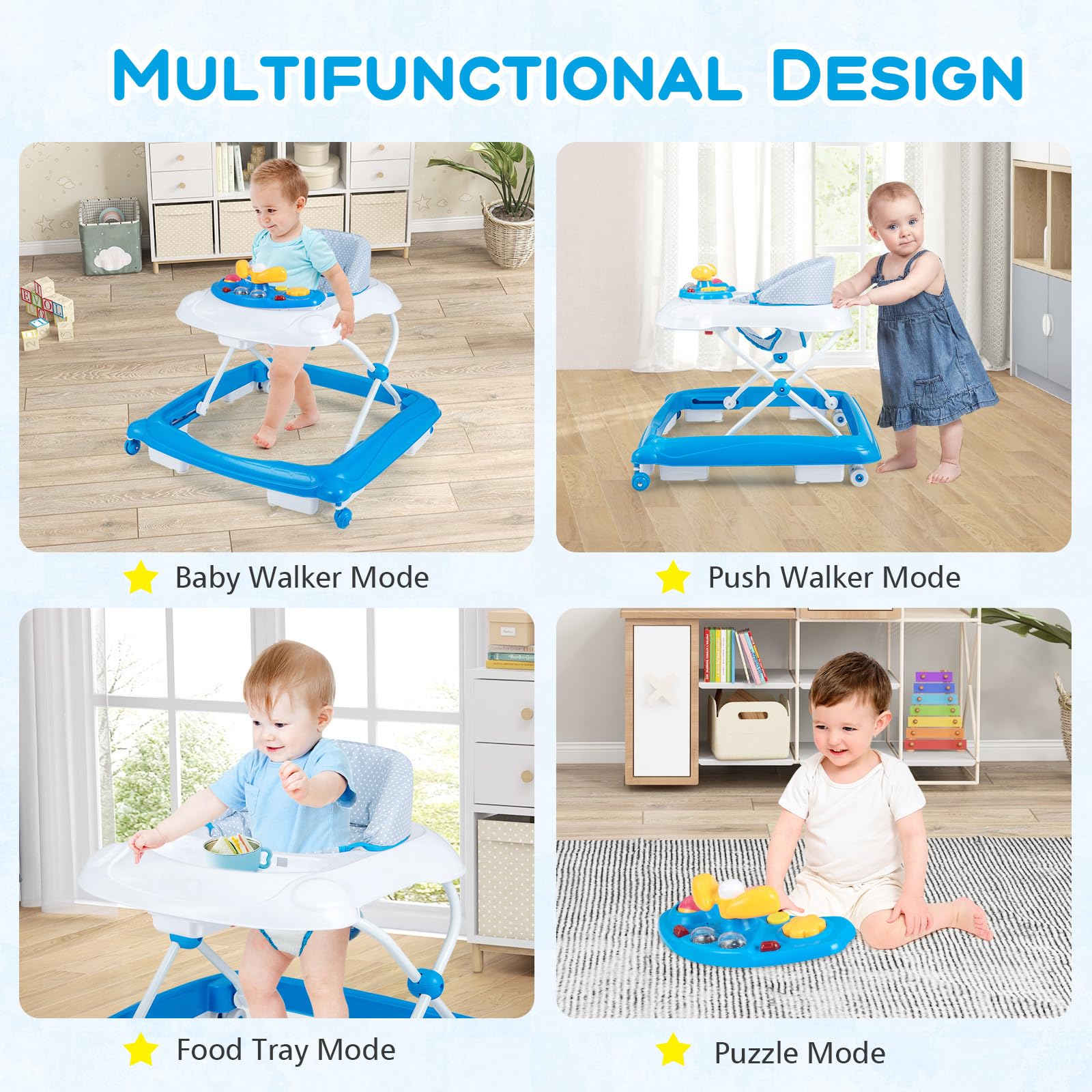 Foldable Baby Walker with 3 Adjustable Heights Comfy Padded Seat Lights and Music Tray
