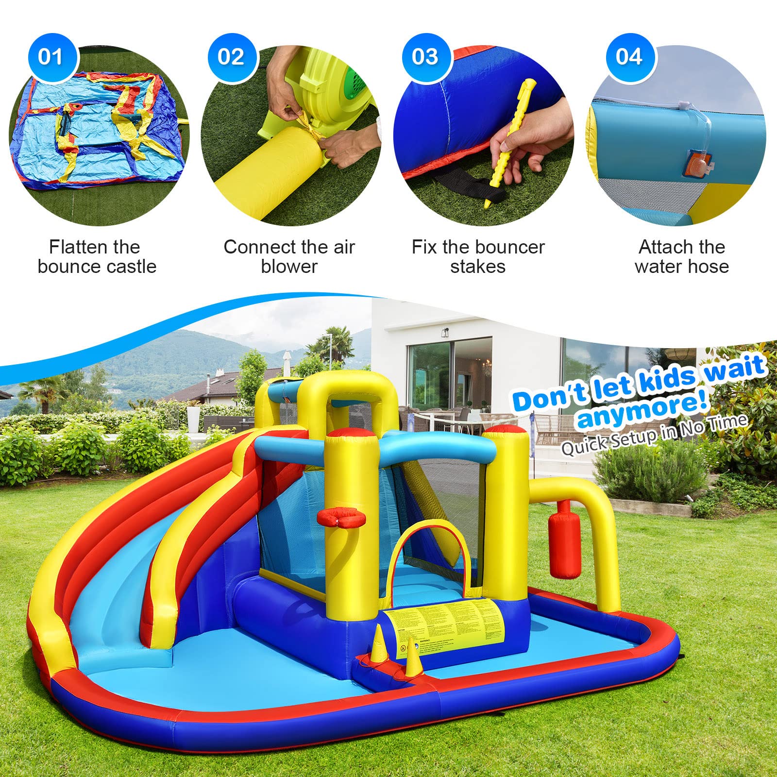 Inflatable Water Slide, 7-in-1 Outdoor Kids Water Bounce House Jumping Castle w/Combo Water Slide, Splash Pool