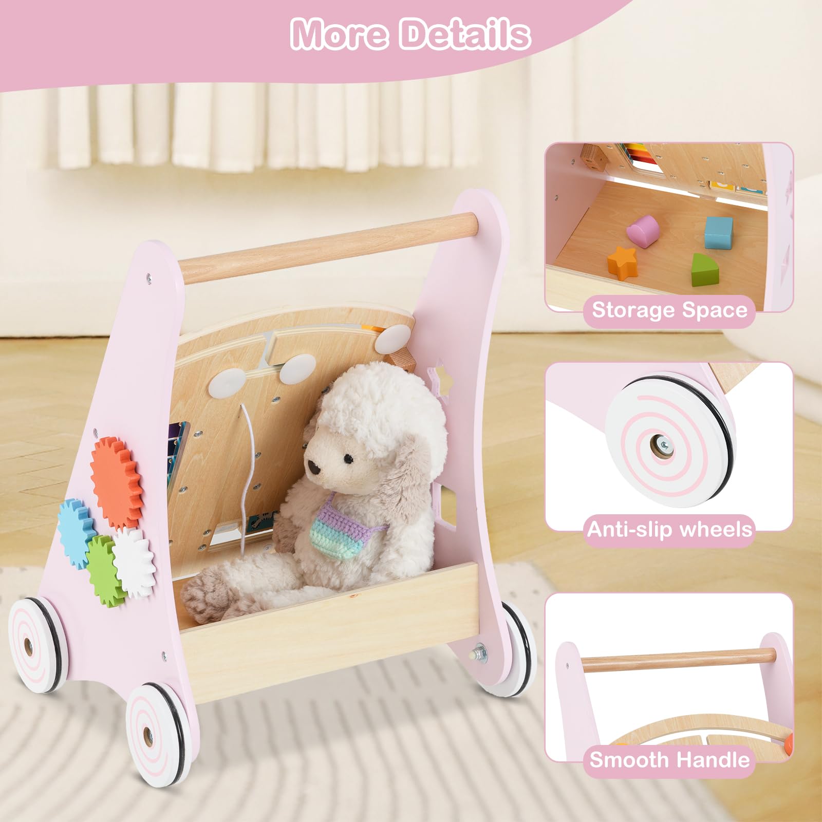 INFANS Wooden Baby Walker, Montessori Walker with Multiple Activity Toys