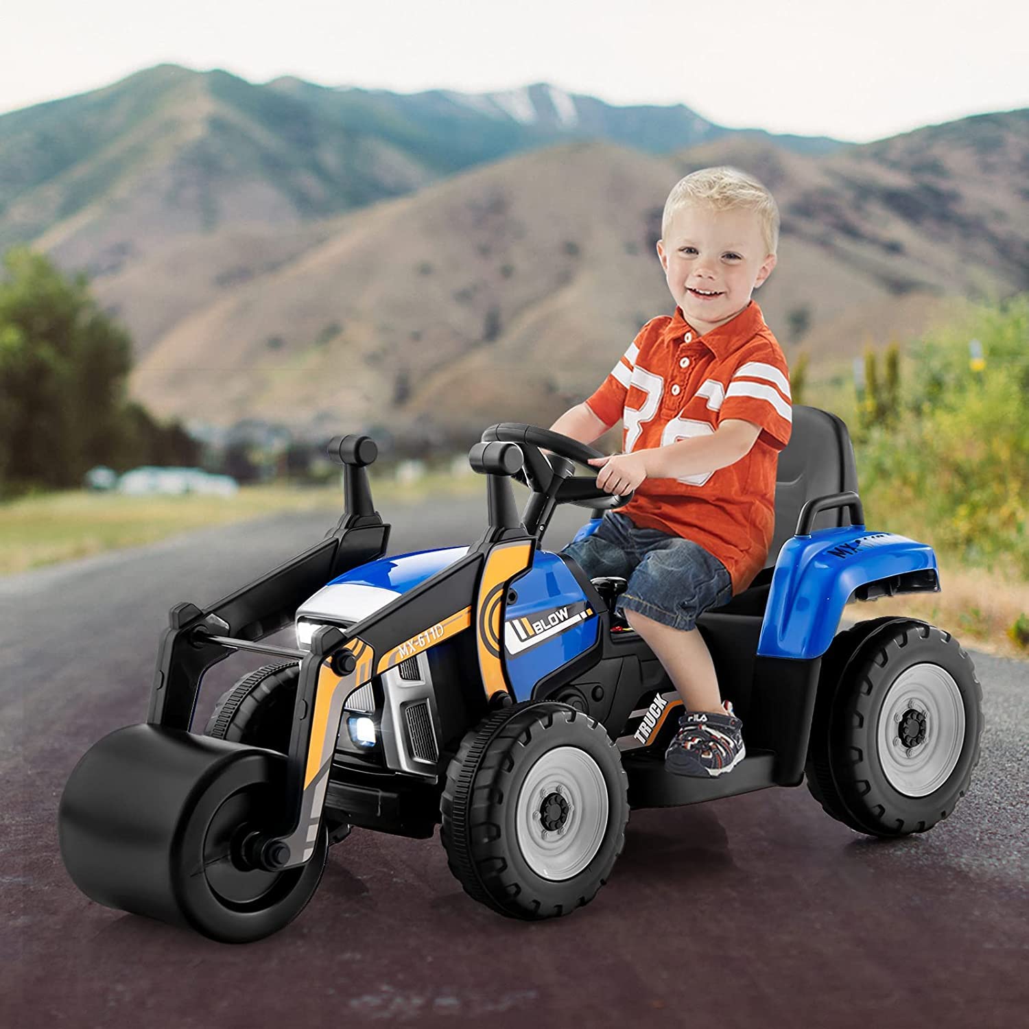 Ride on Car, 12V Road Roller with Remote Control, Battery Powered Electric Tractor w/Adjustable Drum Roller
