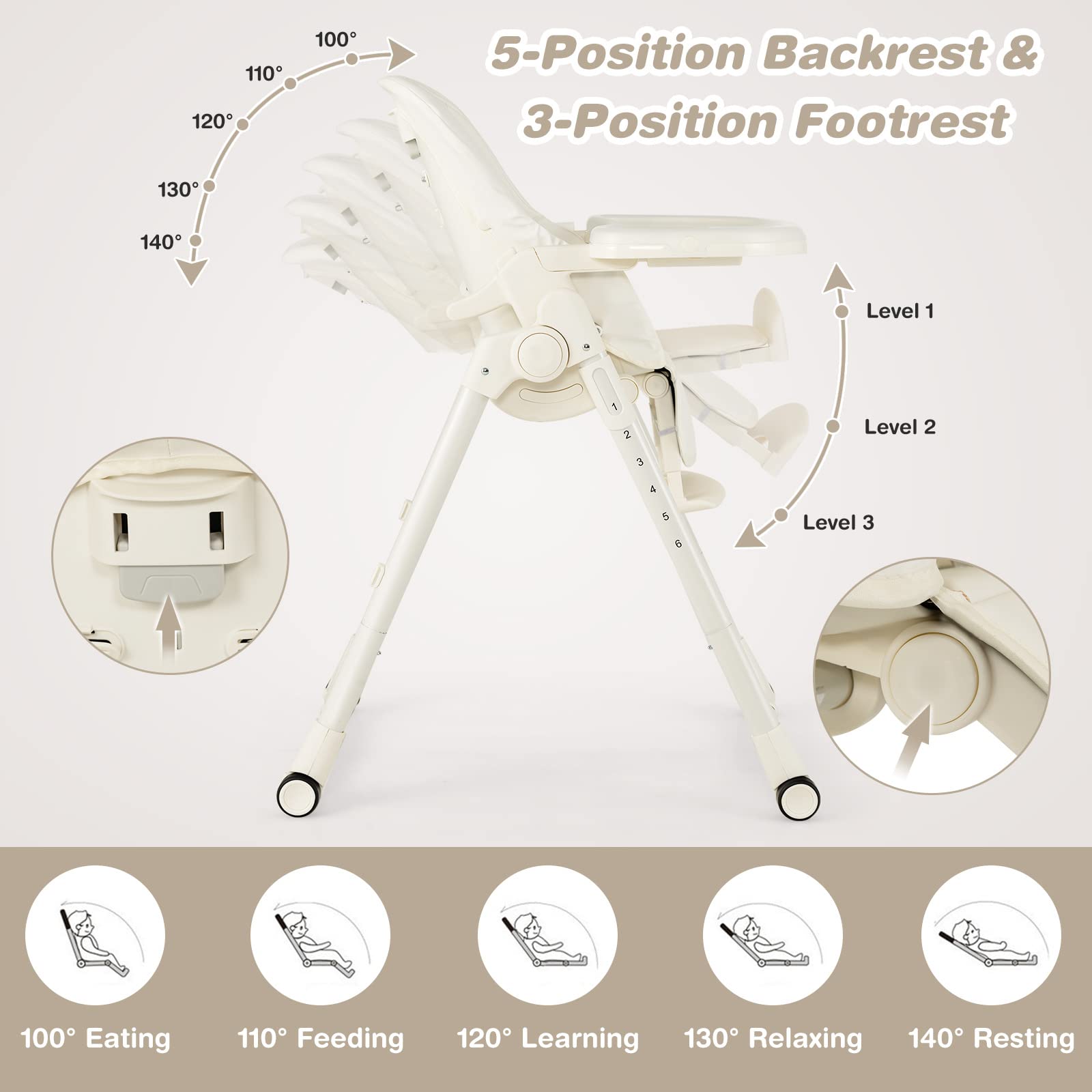 4-in-1 Baby High Chair Foldable Feeding Chair w/ 6 Adjustable Heights