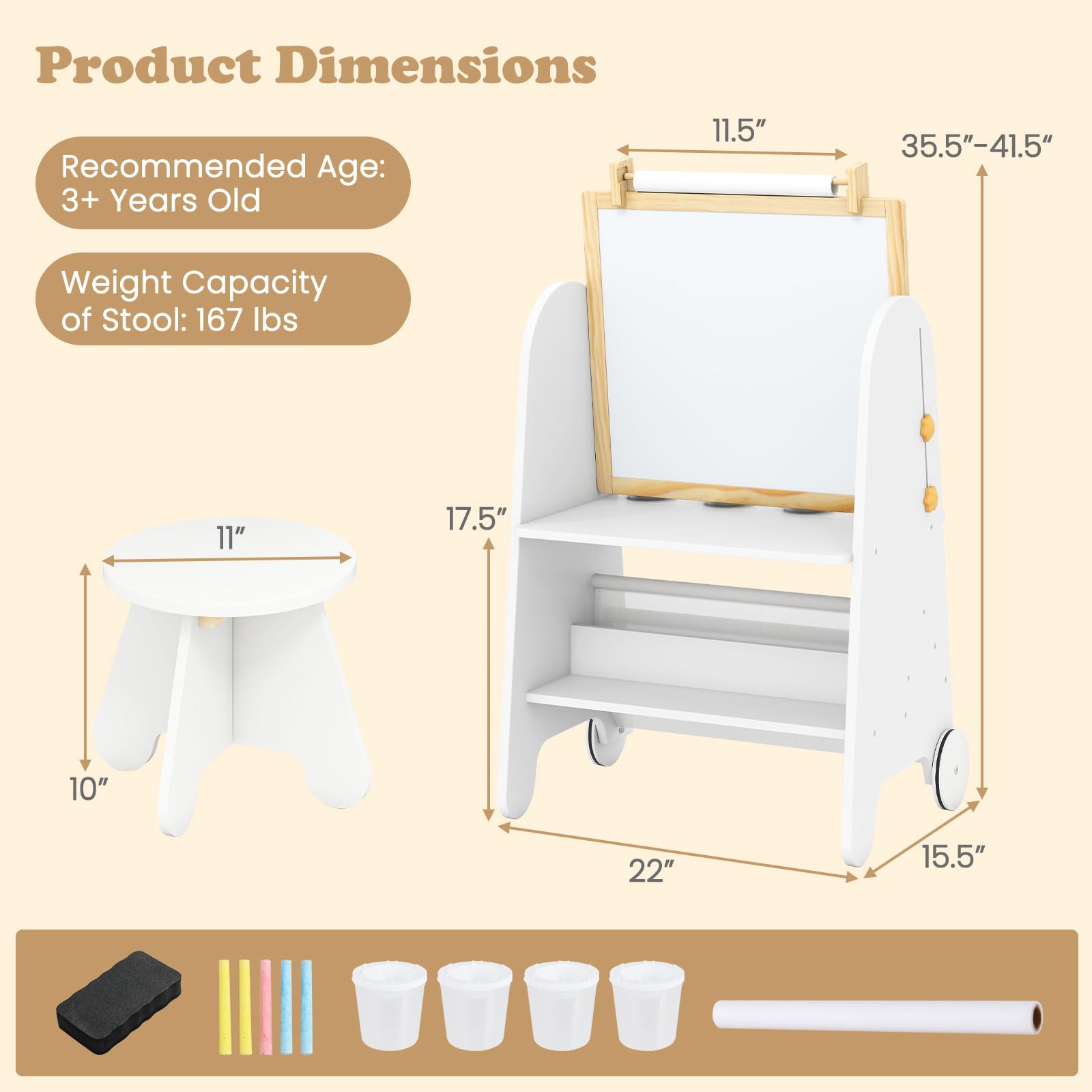 INFANS Easel for Kids with Stool, 4-in-1 Double-Sided Adjustable Magnetic Chalkboard with Paper Roll