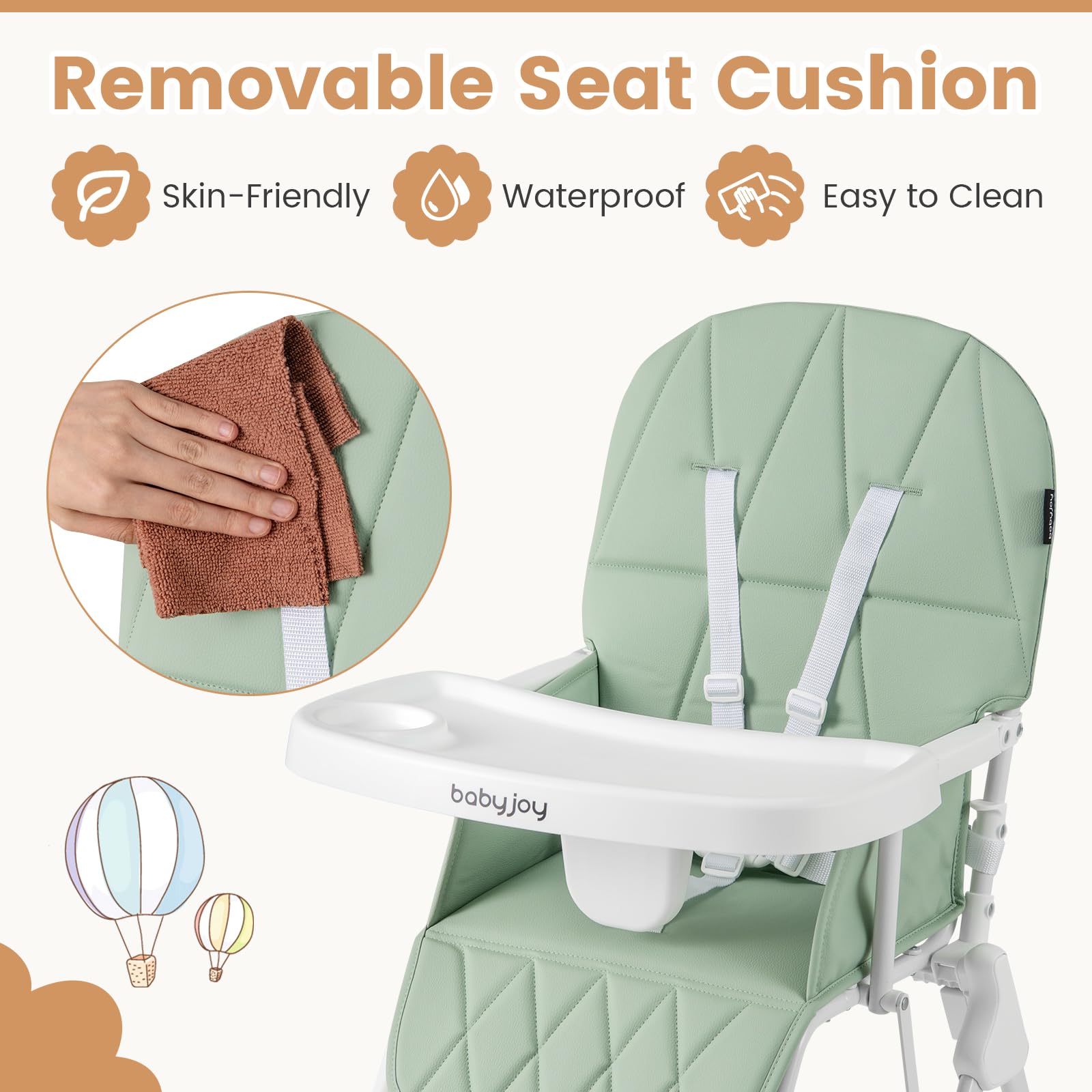 oldable High Chair Easy Clean Compact Highchair with Removable Adjustable Tray and PU Seat Cushion