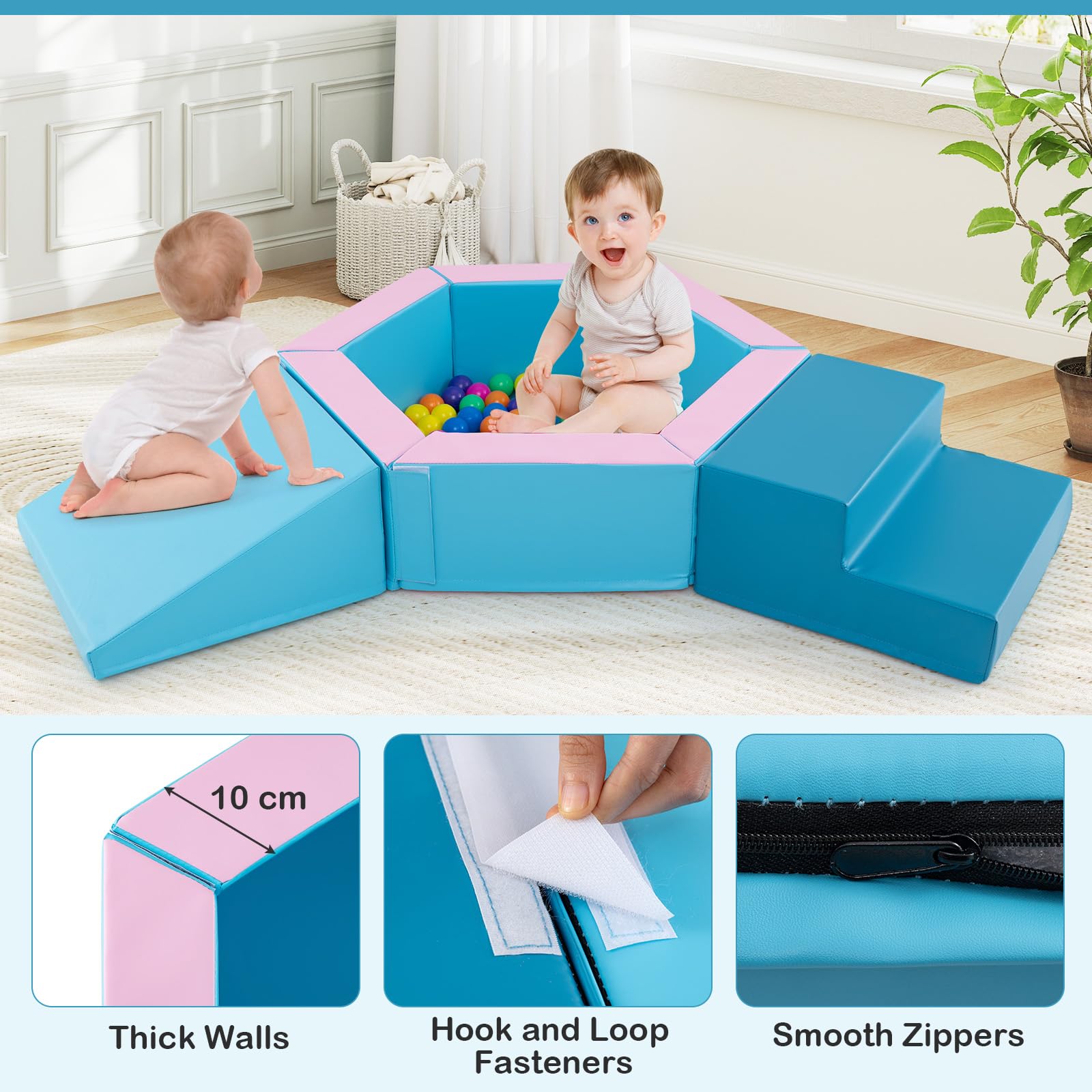 3-Piece Baby Foam Climbing Blocks with Ball Pit and 100 Colorful Ocean Balls
