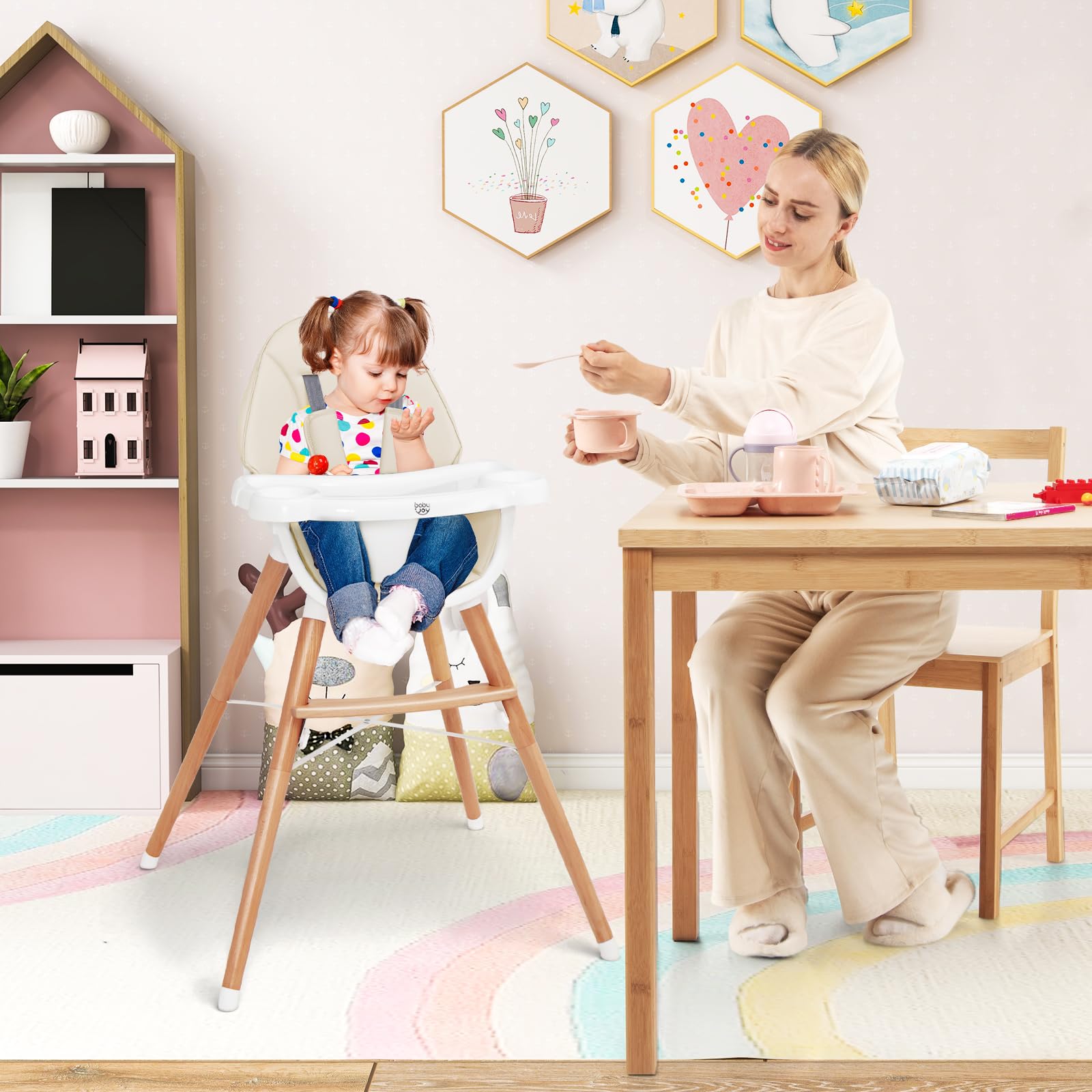 Baby High Chair Wooden Highchair for Babies Infants with/Double 4-Gear Tray