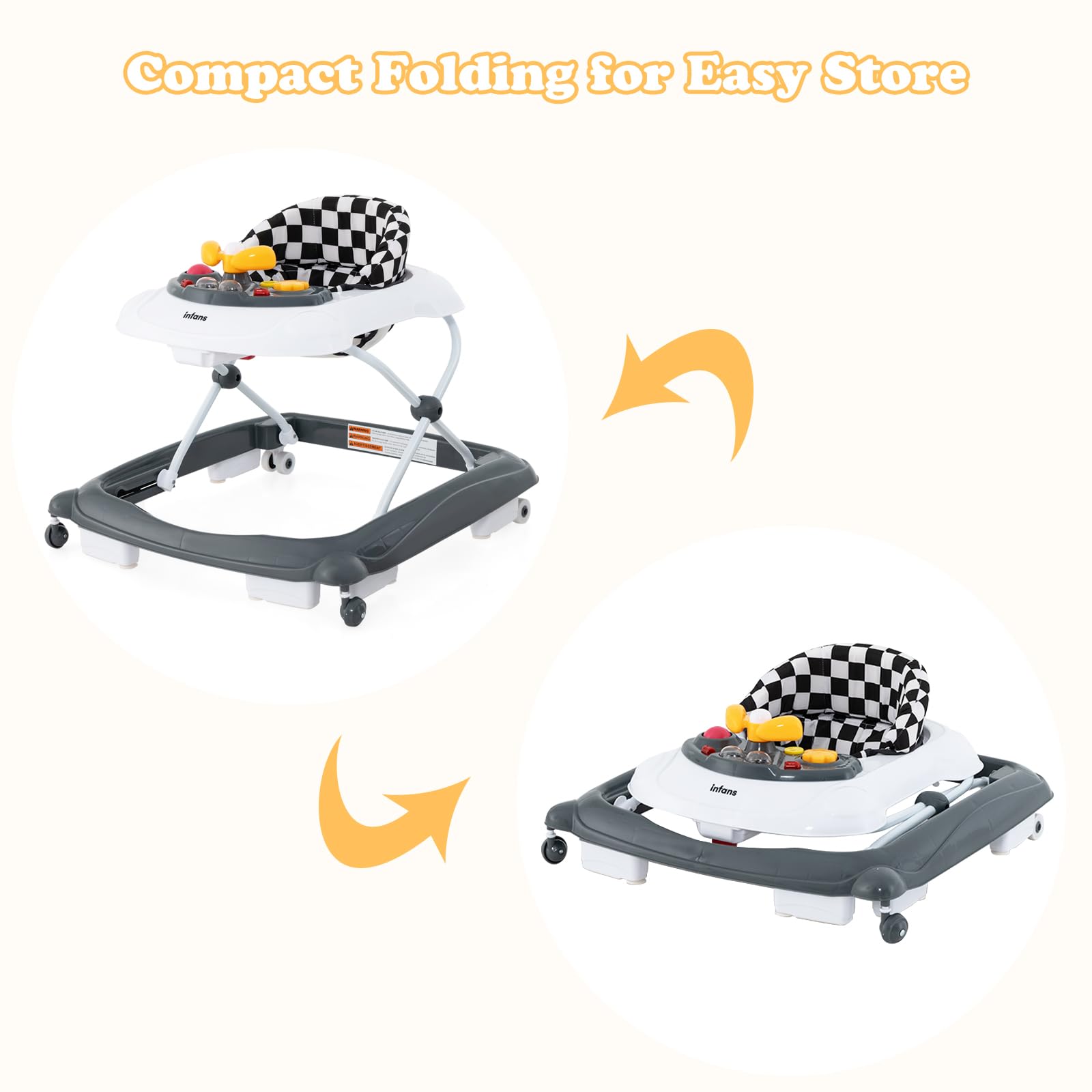 INFANS Foldable Baby Walker 3 in 1 Toddler Walker Leaning-Seated Walk-Behind with Removable Music Tray