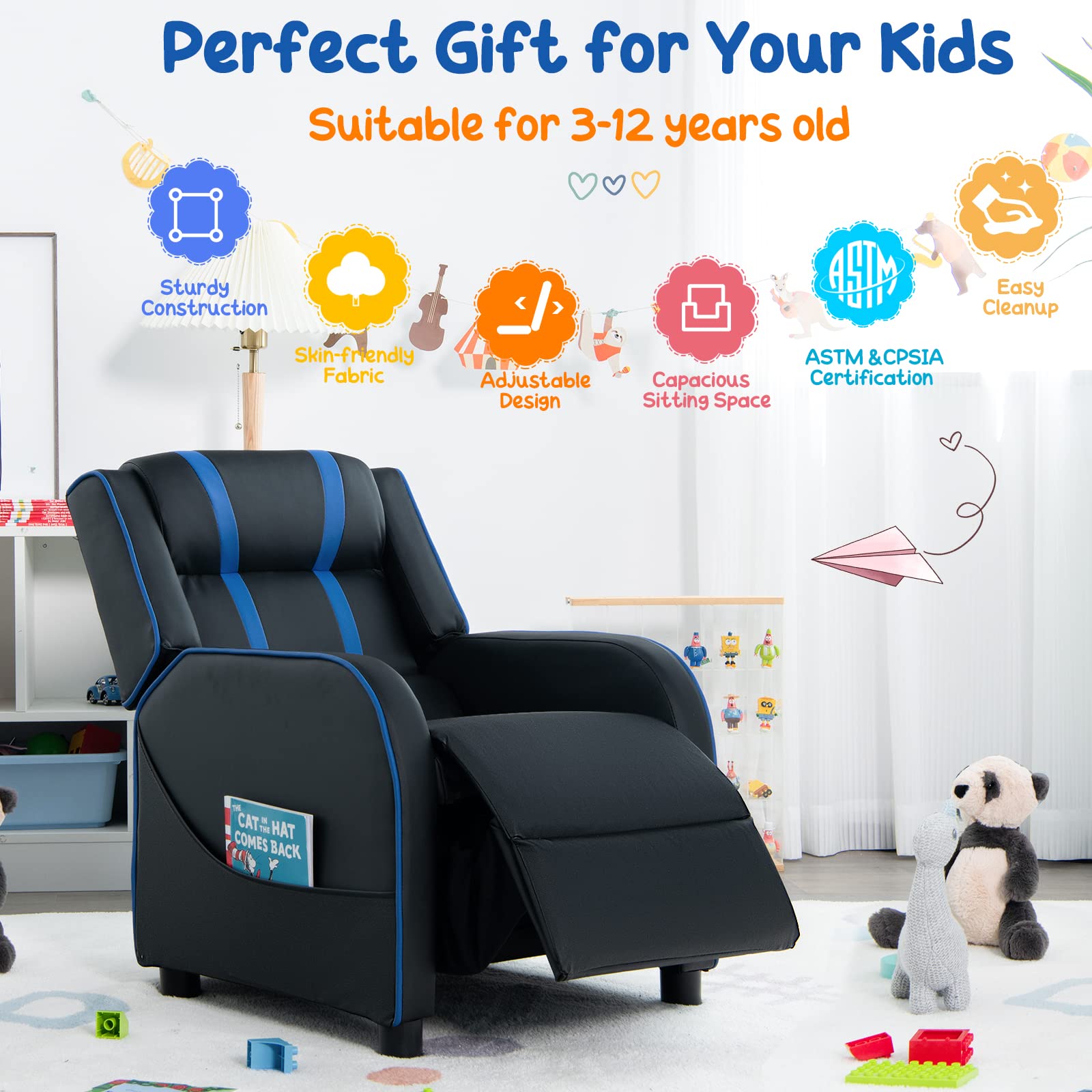 Kids Recliner Sofa Couch with Adjustable Backrest Footrest and High Density Sponge