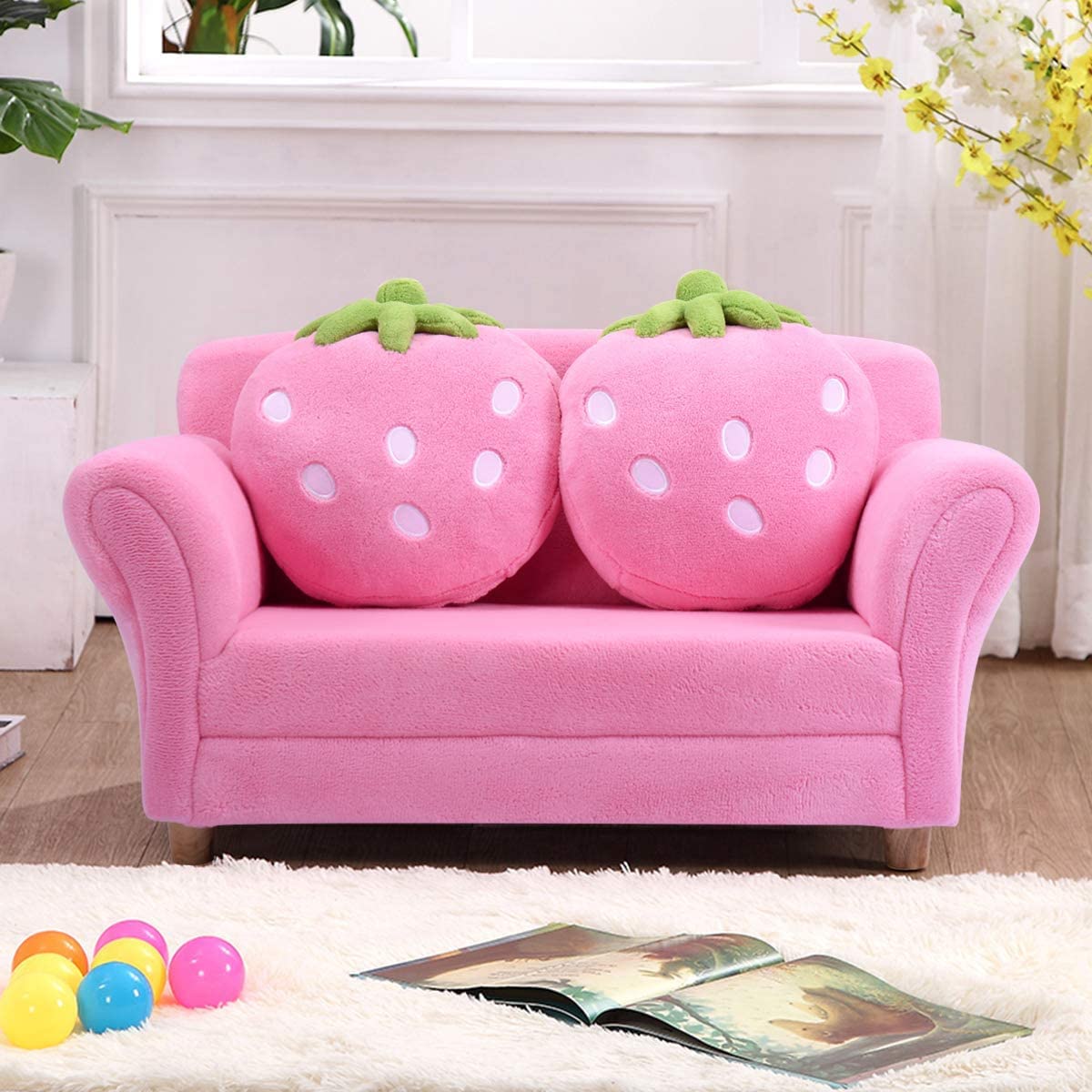 Children Couch Armrest Chair Double Seats with Strawberry Pillows