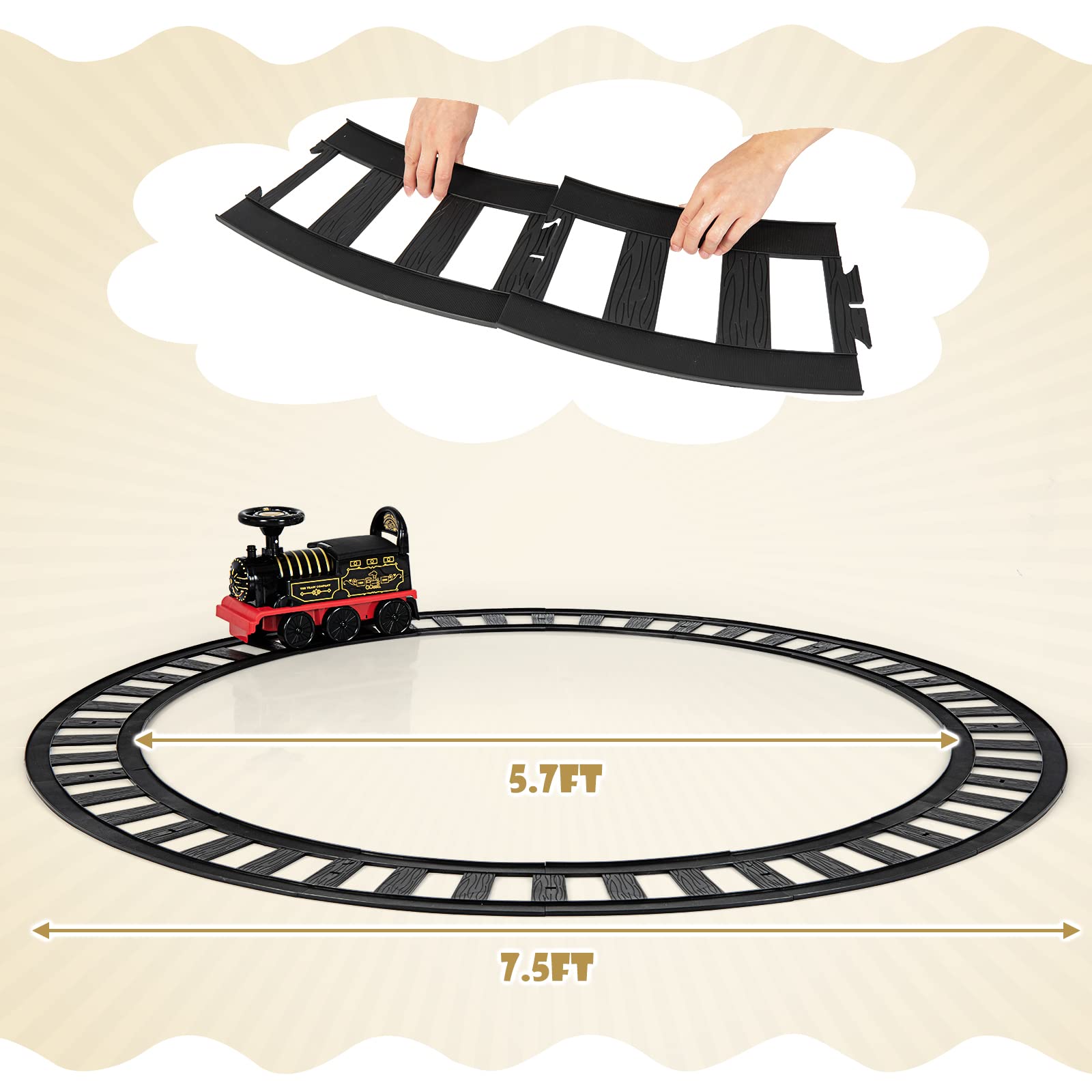 OLAKIDS Kids Ride On Train with Track 6V Electric Toy with Lights and Sounds
