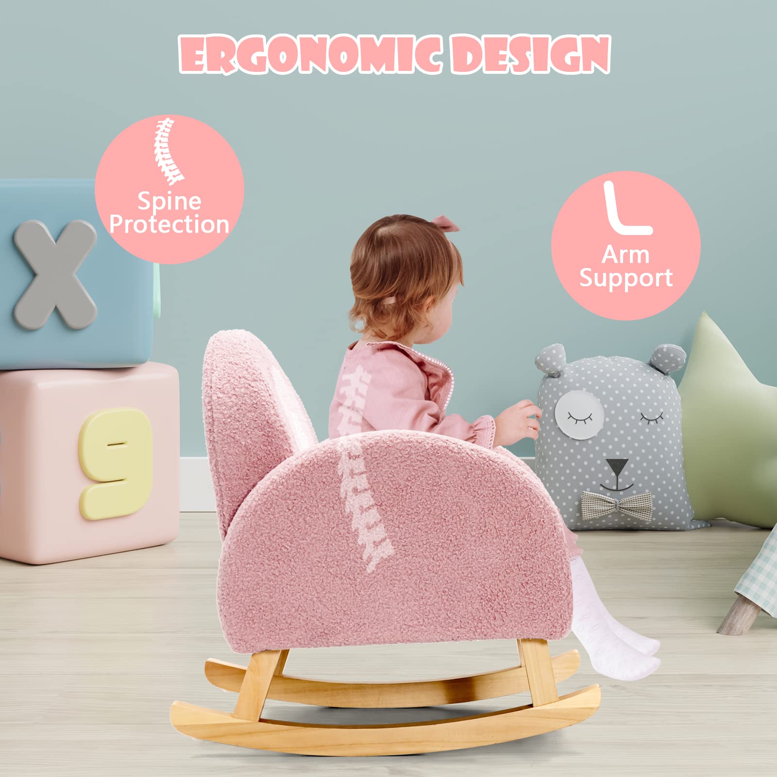 INFANS Kids Sofa Toddler Rocking Chair with Solid Wooden Frame, Anti-Tipping Design