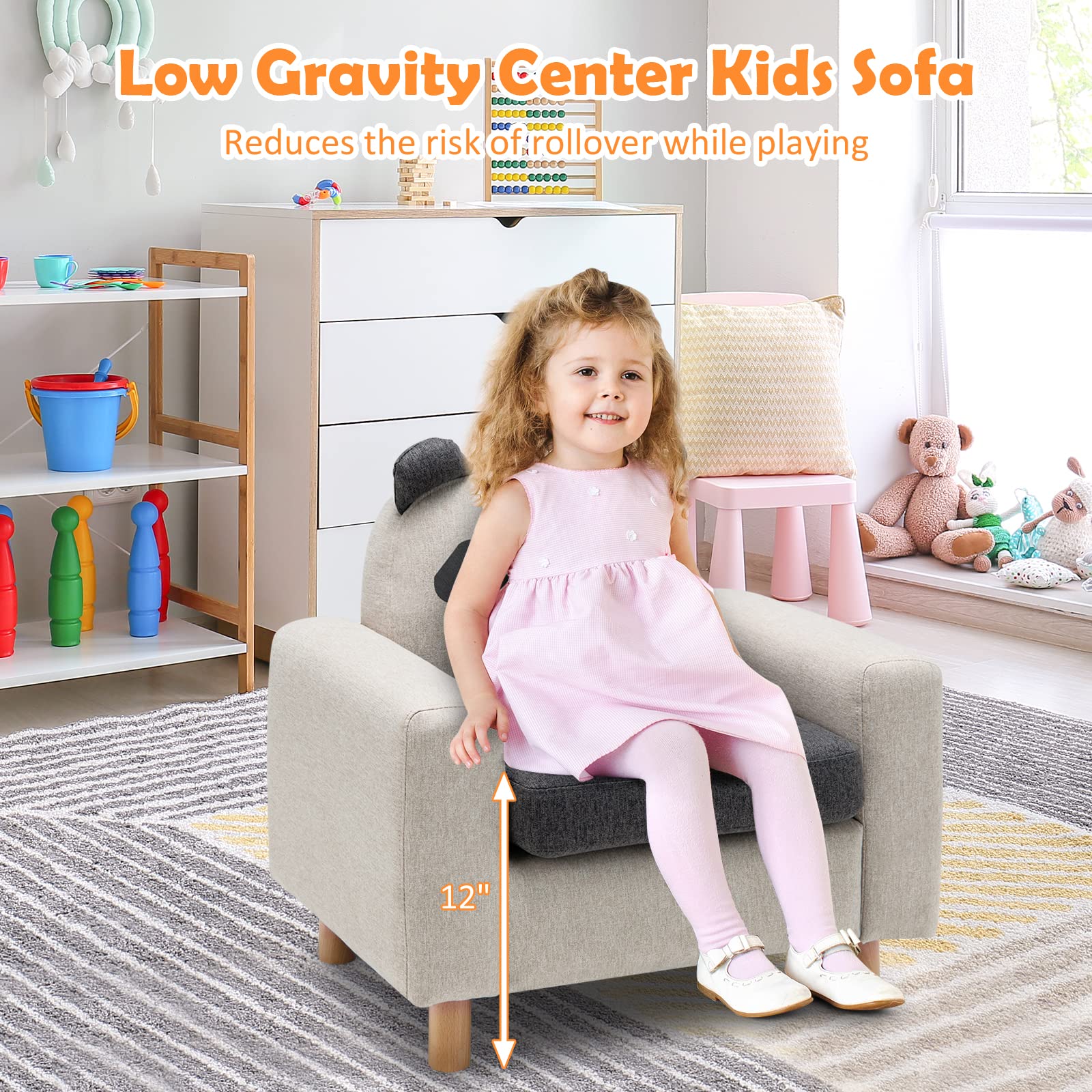 Kids Sofa Wooden Armrest Chair Couch with Thick Cushion Beech Legs