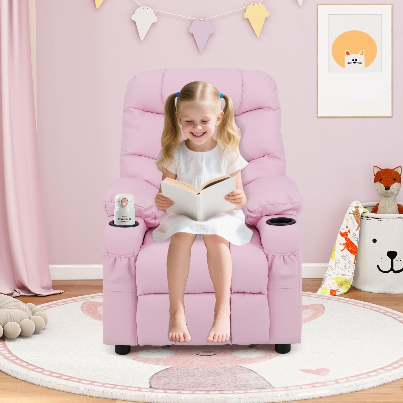 Kids PU Leather Recliner with Cup Holder and Footrest