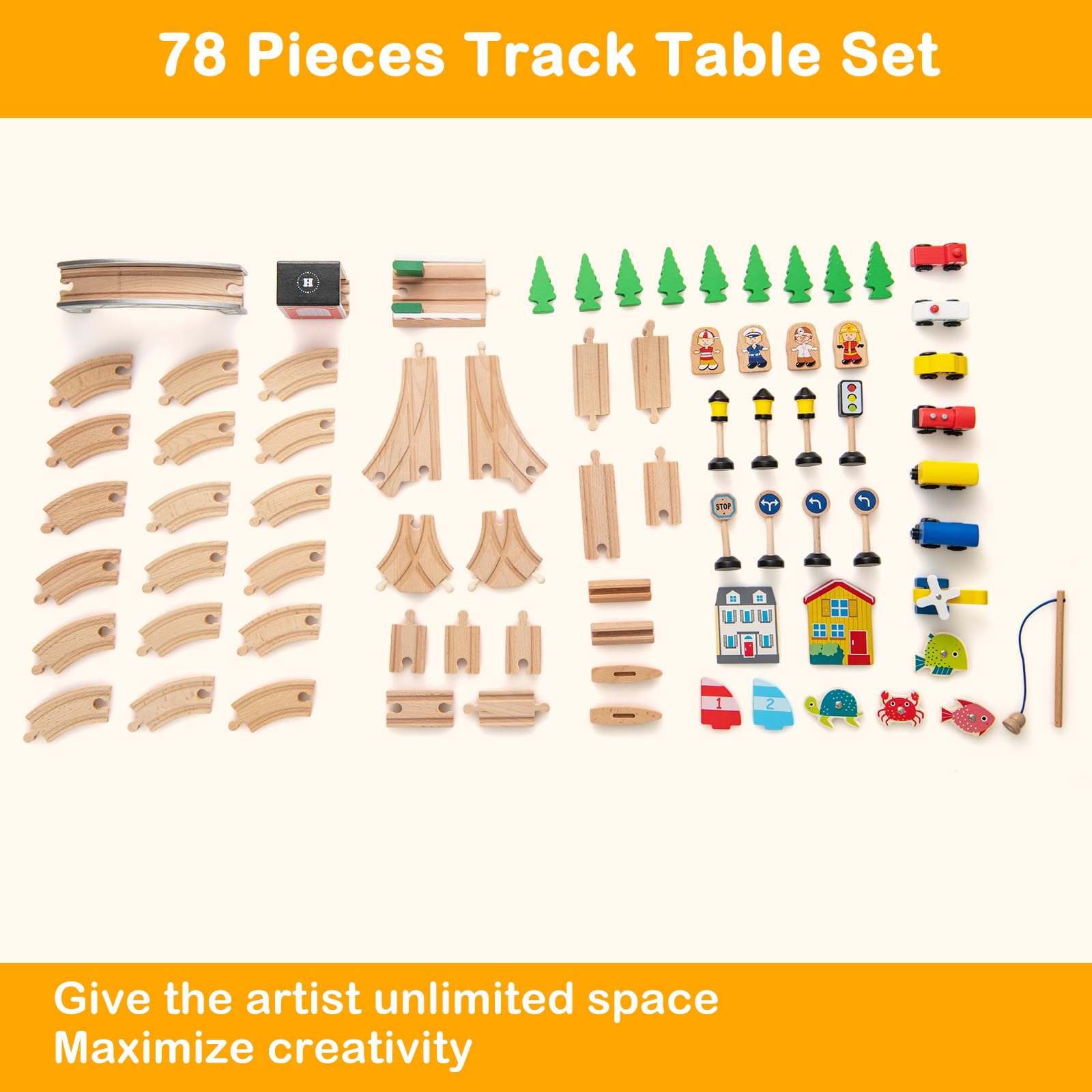 INFANS Train Table, 78 Pieces Wooden Kids Activity Toy Table Playset with Reversible Detachable Blackboard Tabletop
