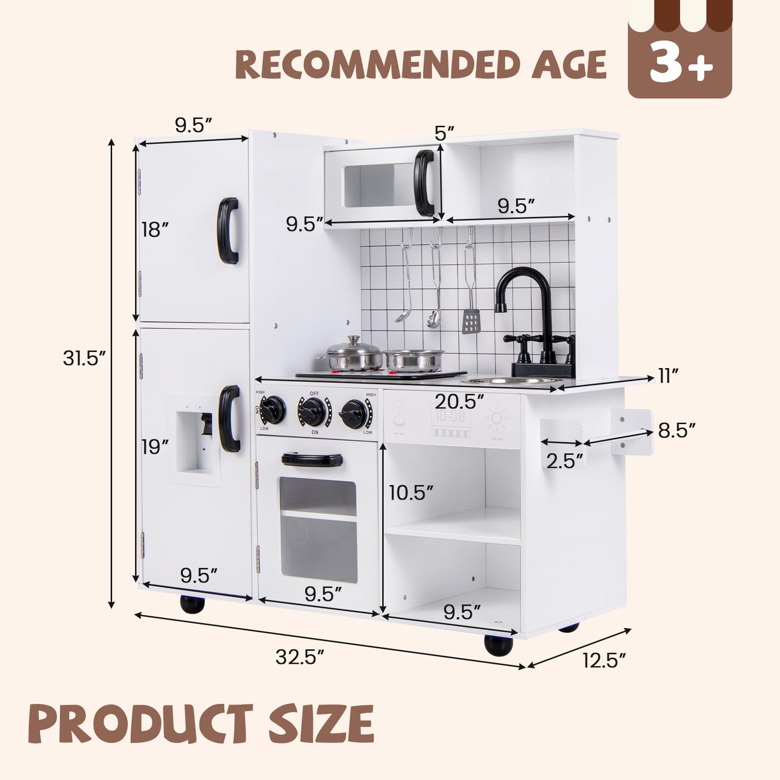INFANS Play Kitchen for Kids, Wooden Kids Play Kitchen Playset with Realistic Light & Sounds