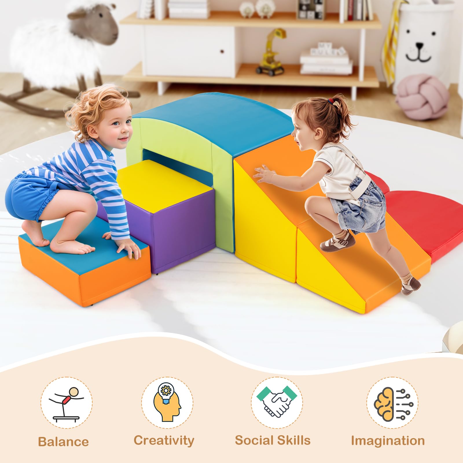 6 Pieces Foam Climbing Blocks with Tunnel Stairs and Ramp for 12 Months+
