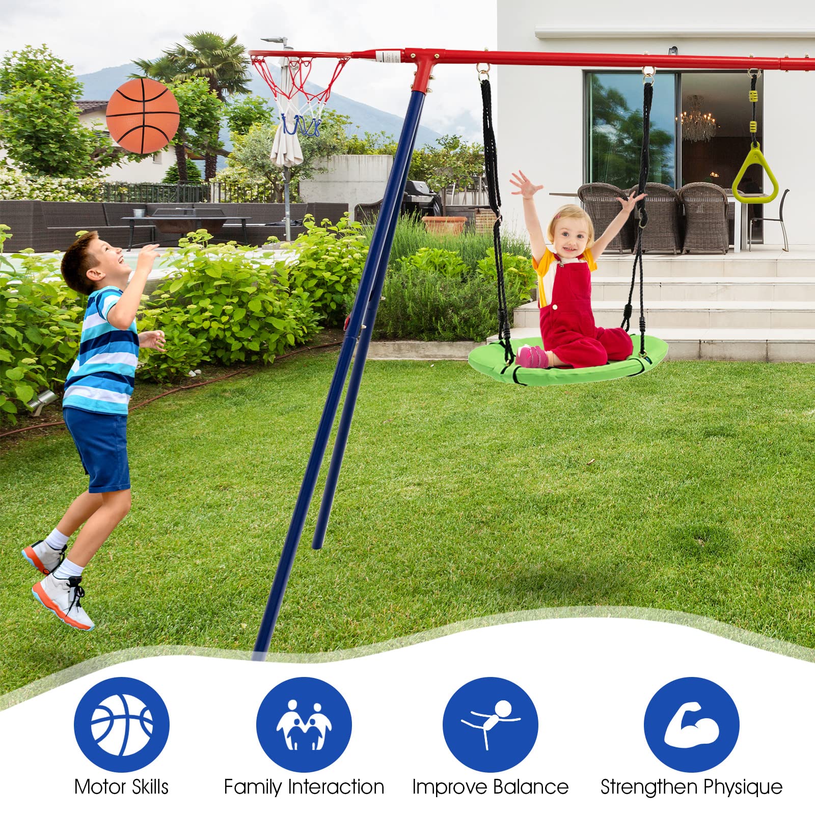 OLAKIDS 660lbs Swing Set, Outdoor A-Frame Heavy Duty Metal Swing Stand with Monkey Bar for Kids