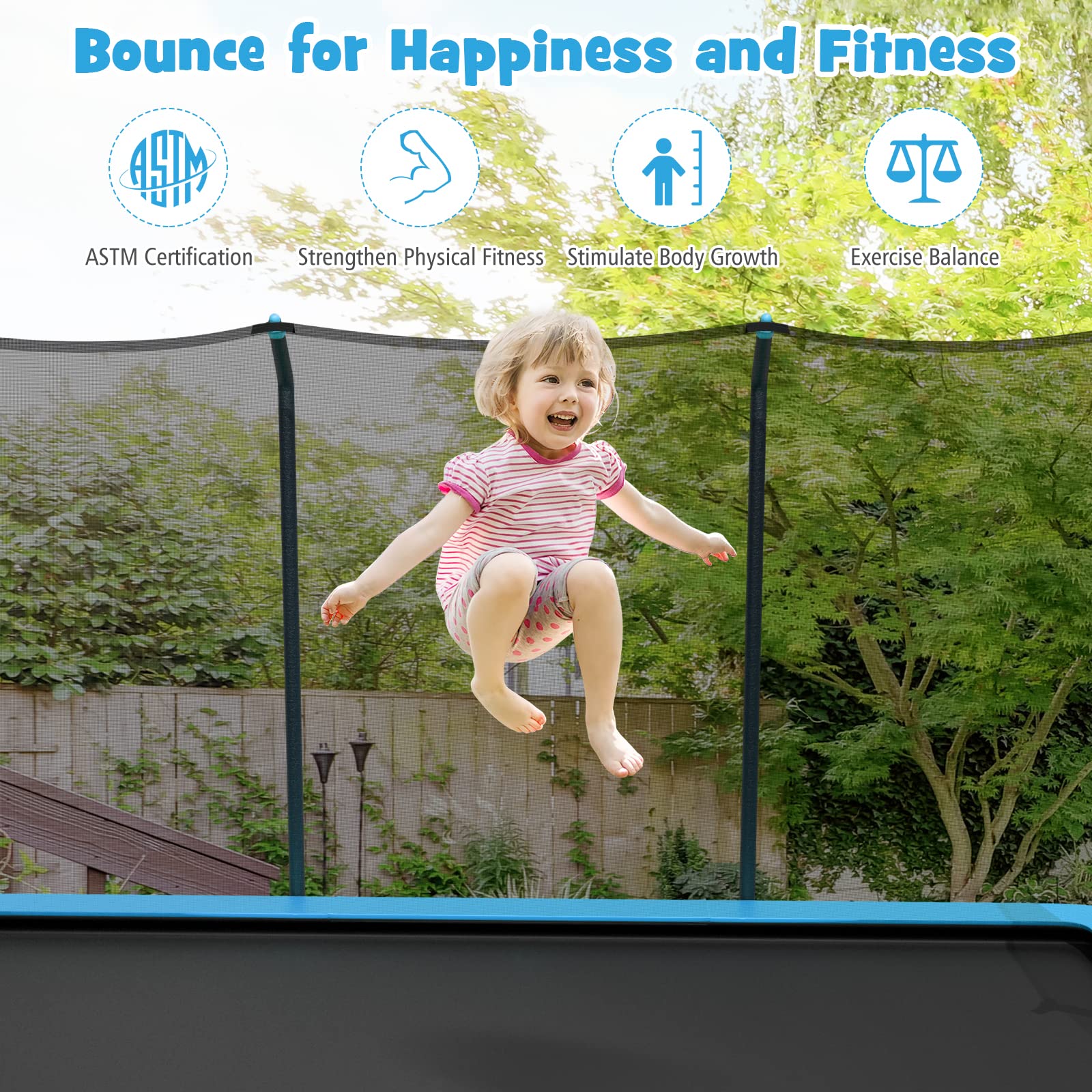 14 x 8FT 200 kg Weight Capacity Outdoor Kids Trampoline ASTM Certified Rectangular Trampoline with Enclosure Net, Safety Net and Ladder