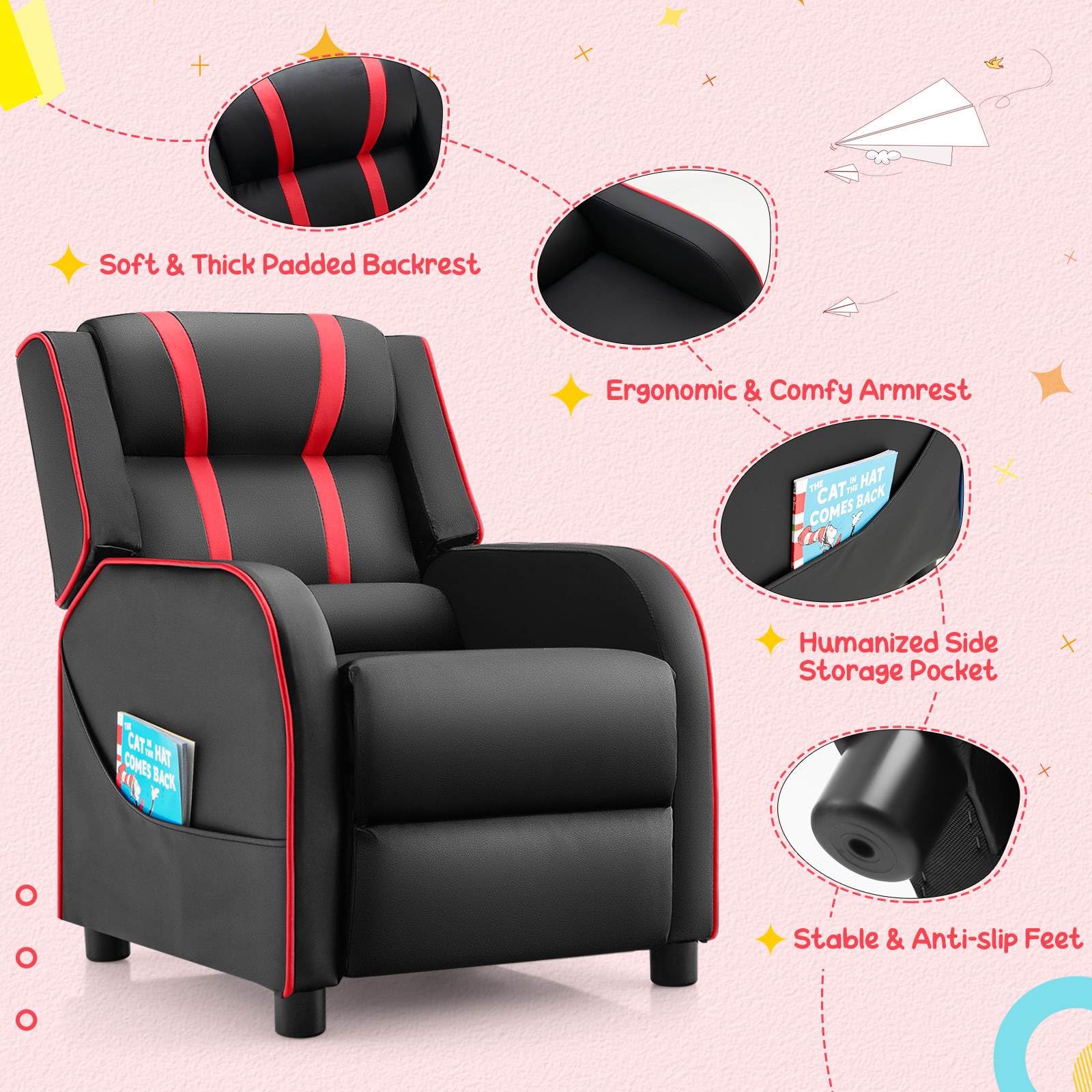 Kids Recliner Sofa Couch with Adjustable Backrest Footrest and High Density Sponge