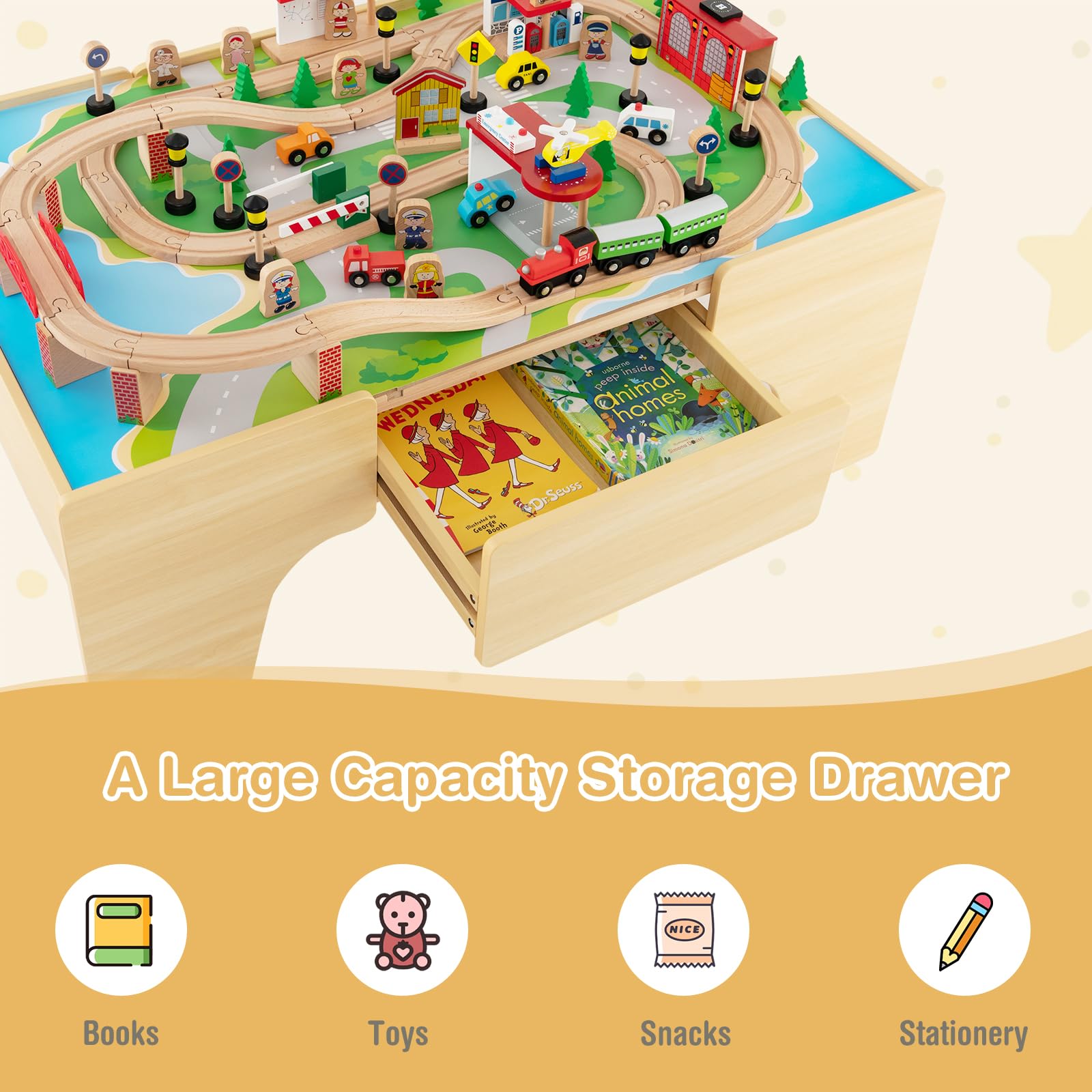 Train Table, 84 Pieces Wooden Kids Activity Toy Table Playset with Reversible Detachable Tabletop
