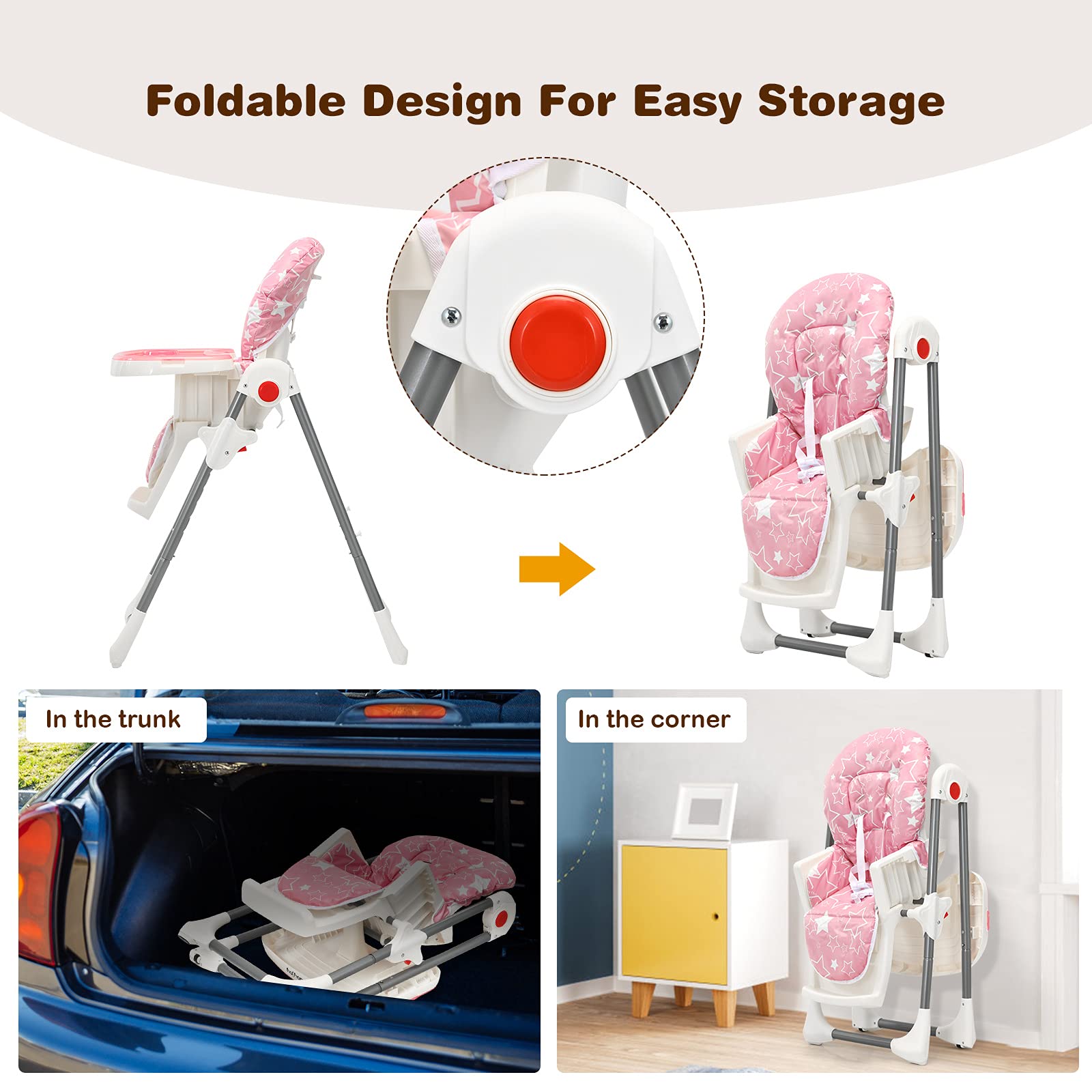 Folding Baby Highchair Eating Feeding Table Booster Seat with 6-Level Height Adjustment