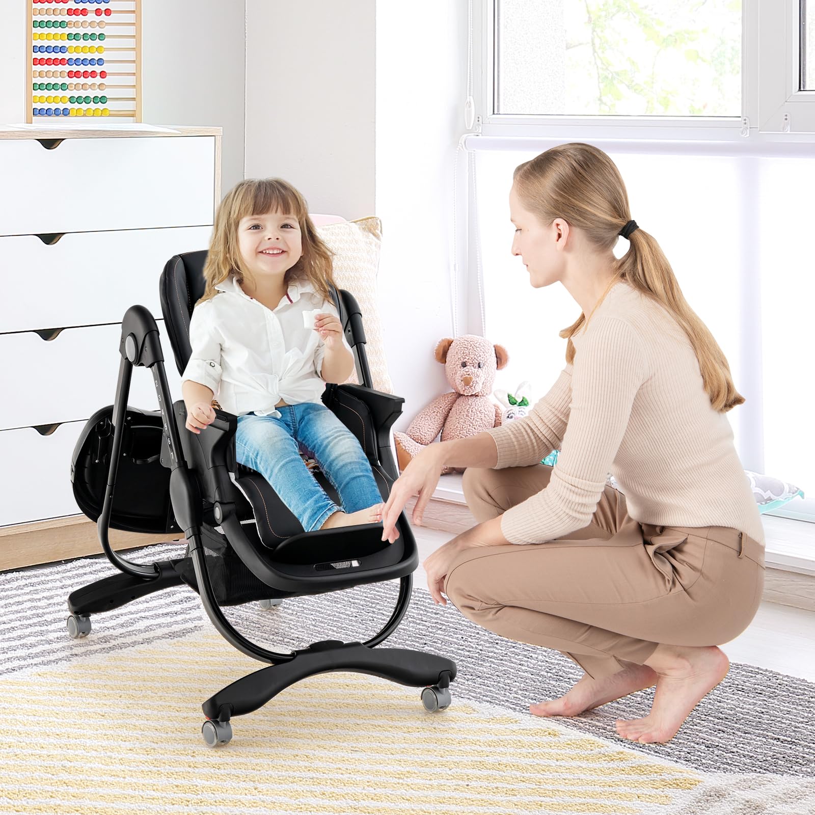 High Chair for Babies & Toddlers Folding Baby Highchair w/Rolling Wheels Adjustable Height