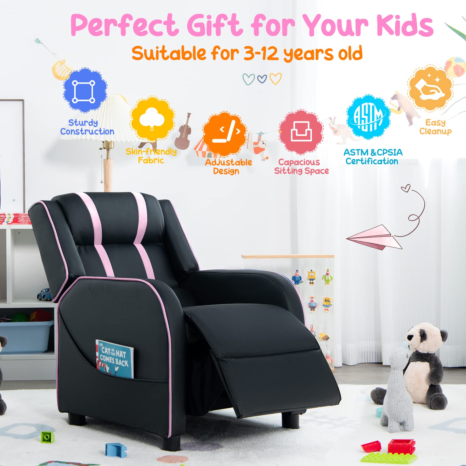 Kids Recliner Sofa Couch with Adjustable Backrest Footrest and High Density Sponge