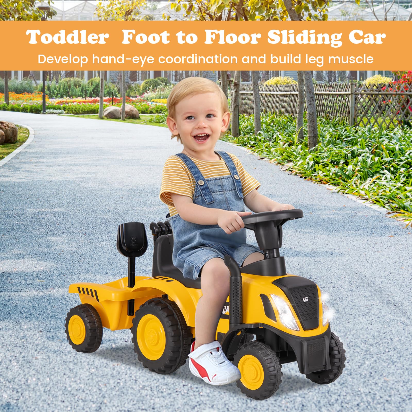 Licensed Caterpillar Ride on Tractor by OLAKIDS, 2 in 1 Ride on Push Car with Detachable Trailer