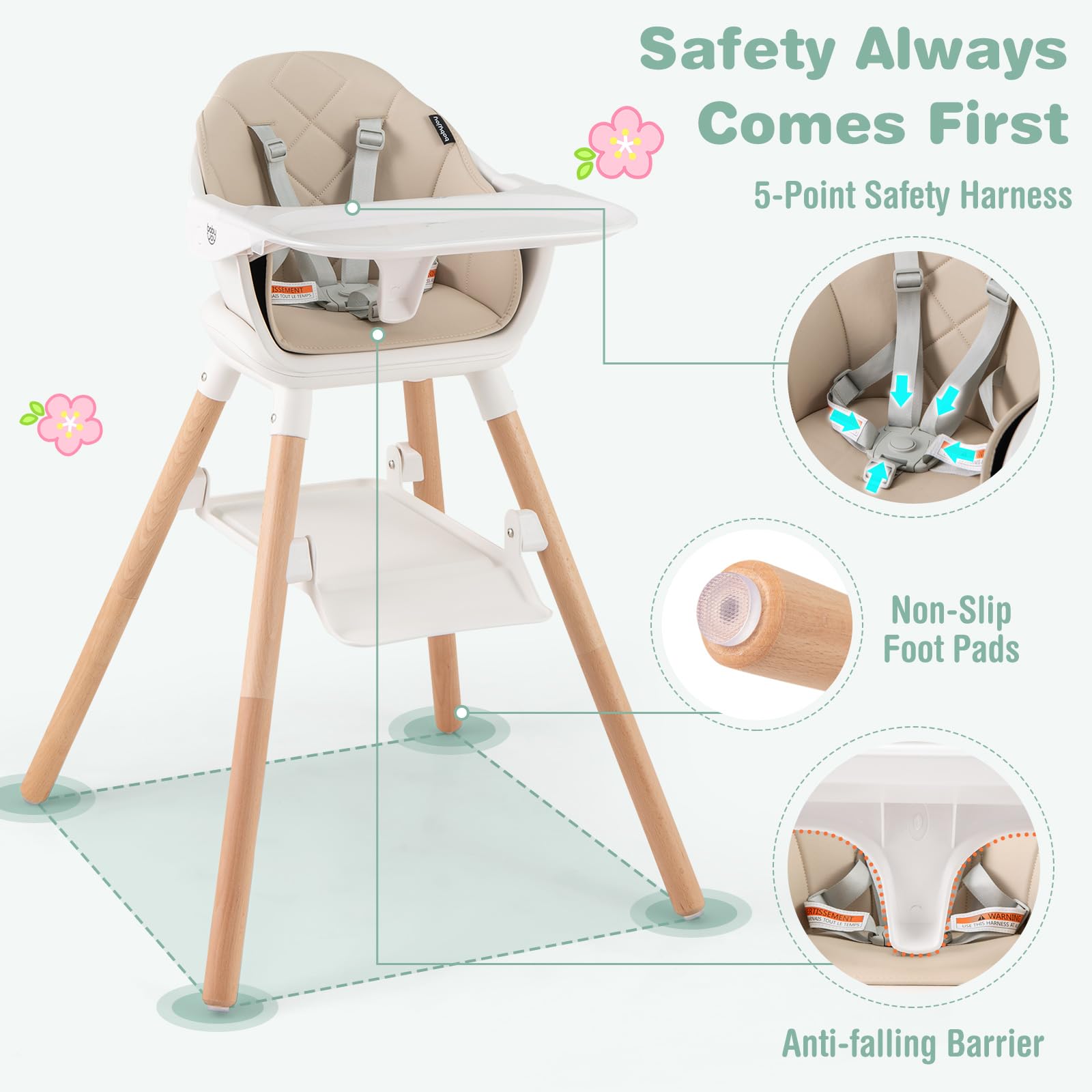 6-in-1 Convertible Wooden High Chair Baby High Chair with Double Dishwasher Safe Trays