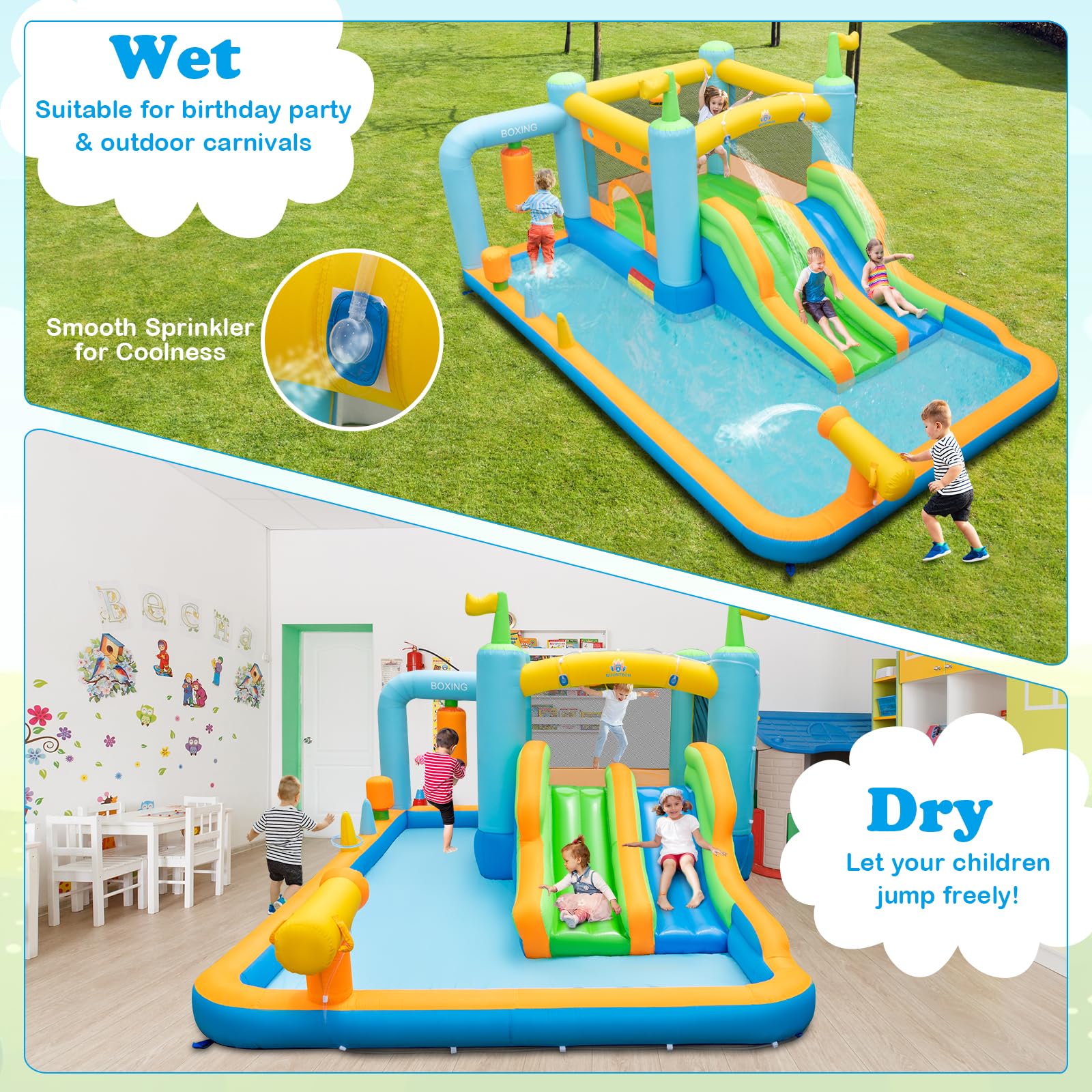 Inflatable Water Slide, Kids Jumping Castle Bounce House w/Dual Slides, Boxing Sandbag, Splash Pool