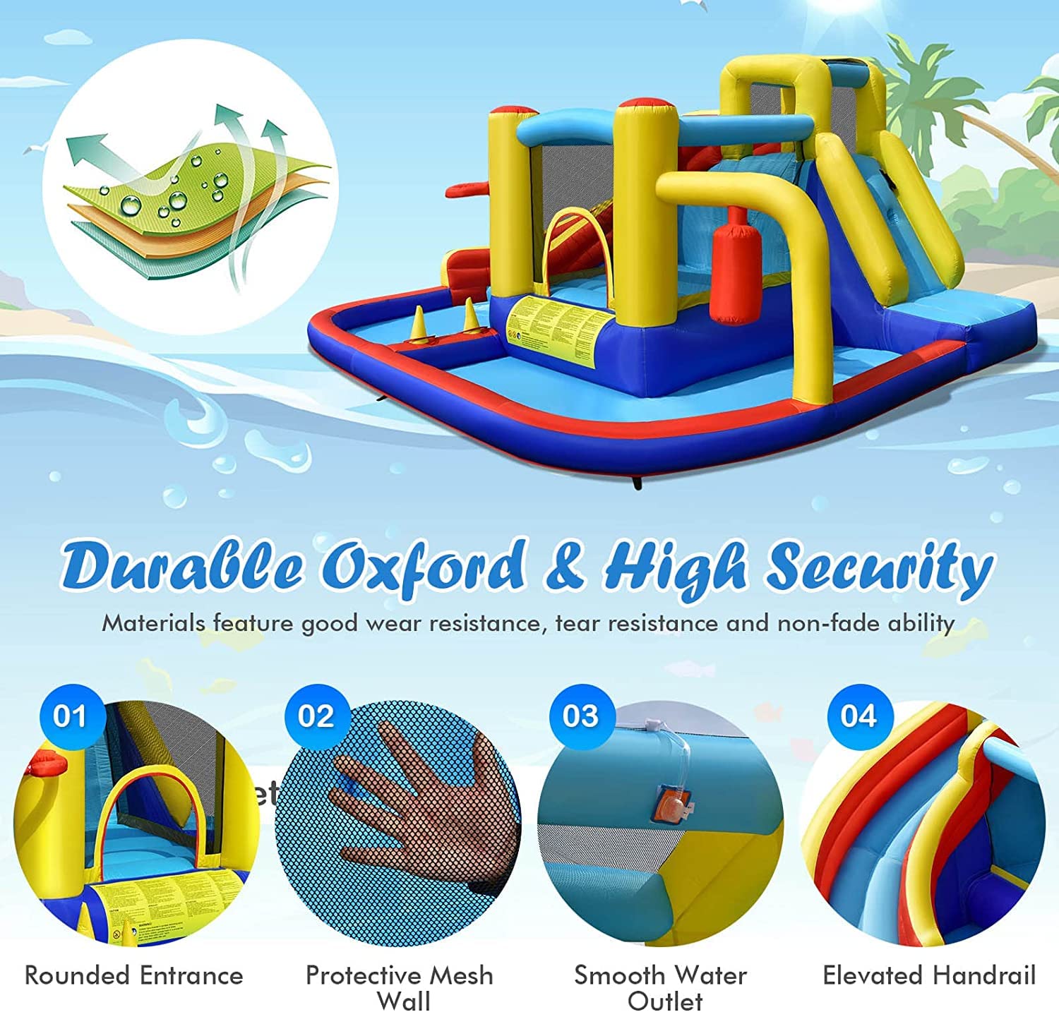 Inflatable Water Slide, 7-in-1 Outdoor Kids Water Bounce House Jumping Castle w/Combo Water Slide, Splash Pool