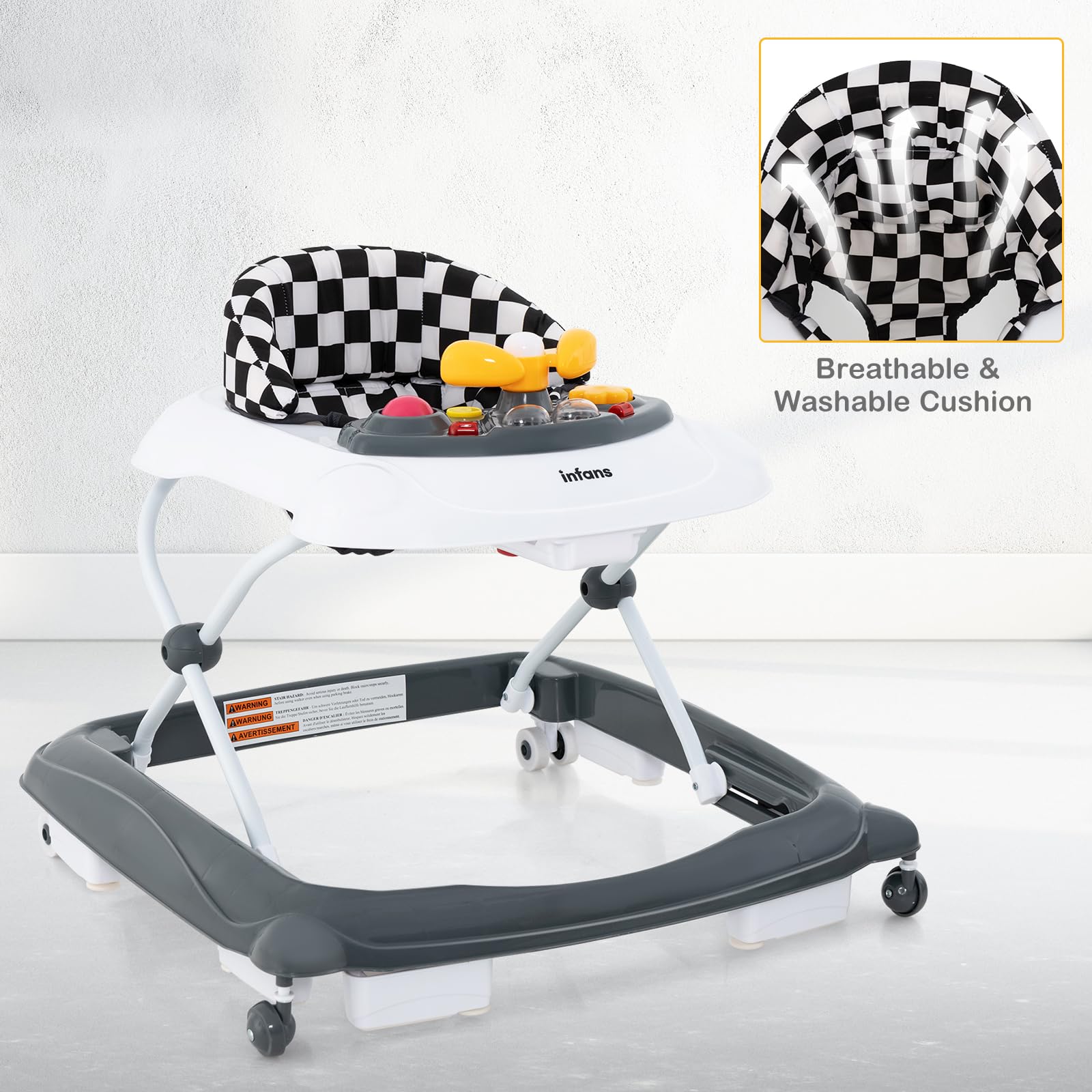 INFANS Foldable Baby Walker 3 in 1 Toddler Walker Leaning-Seated Walk-Behind with Removable Music Tray