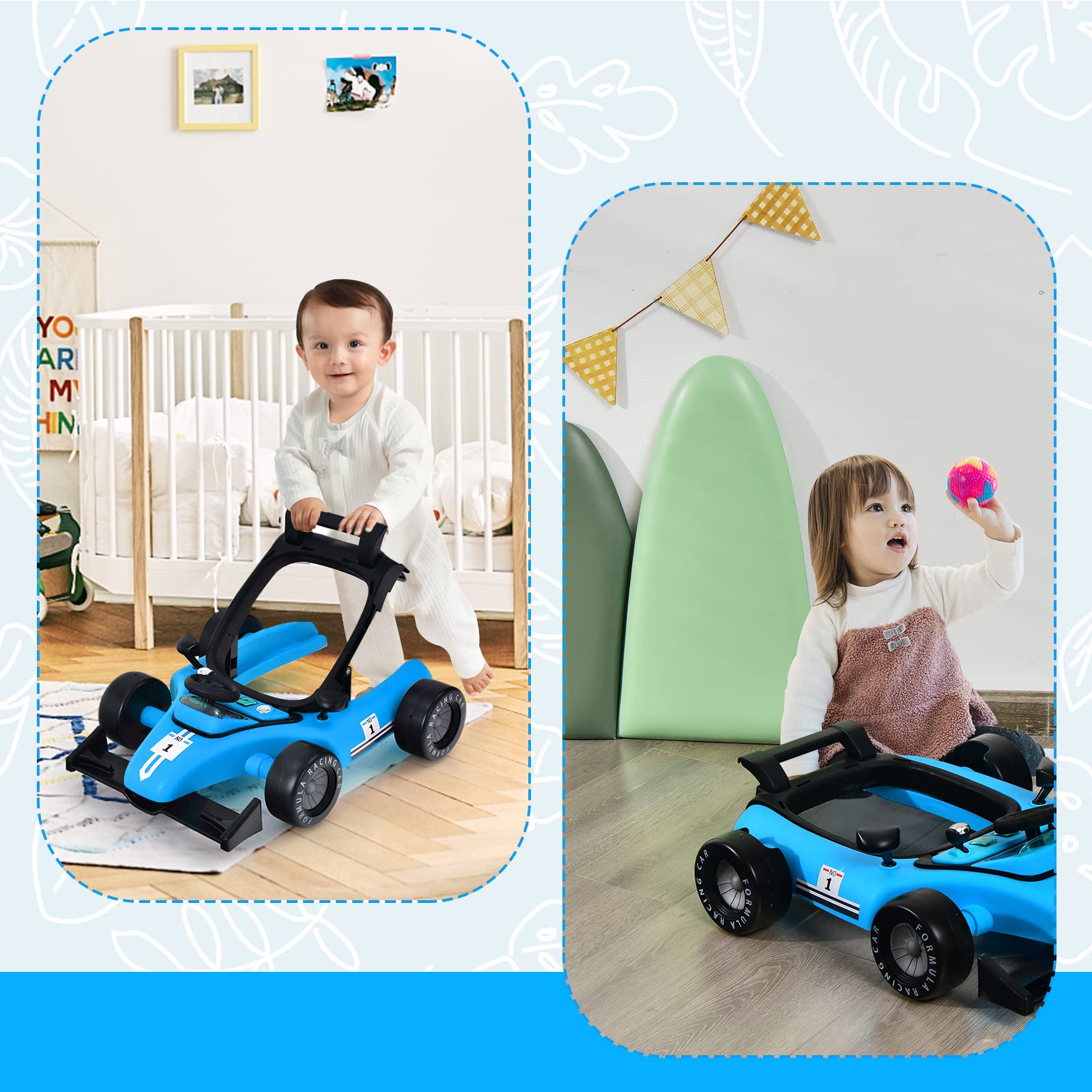 4-in-1 Foldable Activity Car Walker with Adjustable Height and Speed