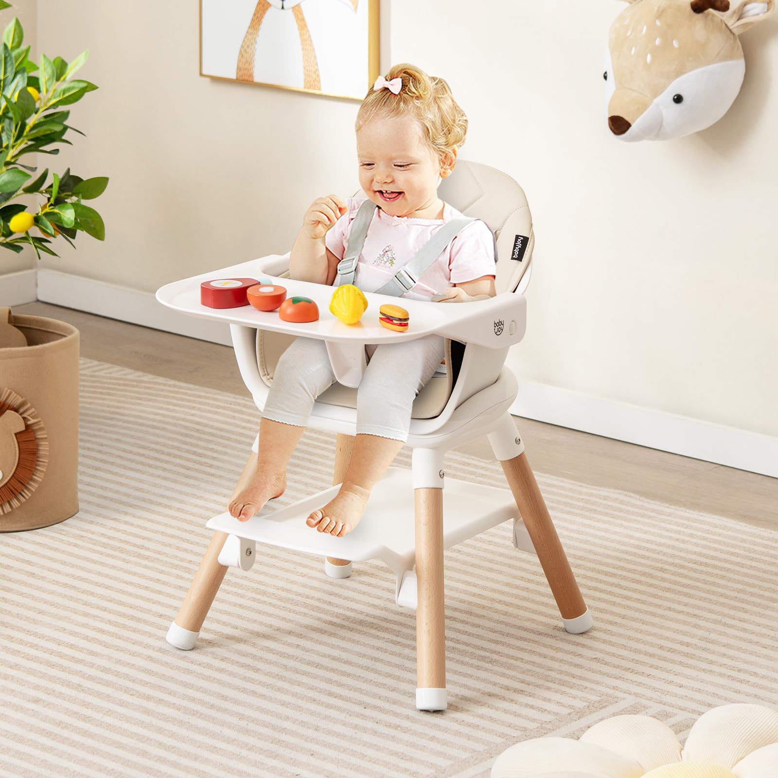6-in-1 Convertible Wooden High Chair Baby High Chair with Double Dishwasher Safe Trays