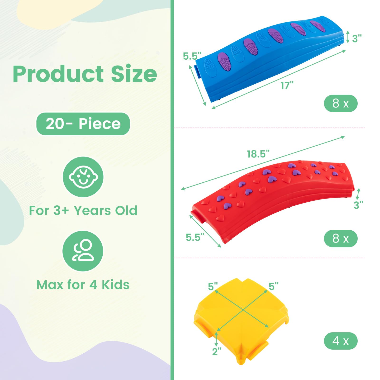 INFANS Kids Balance Beam Stepping Stones Set 20 PCS Montessori Obstacle Course for Toddler Indoor Outdoor