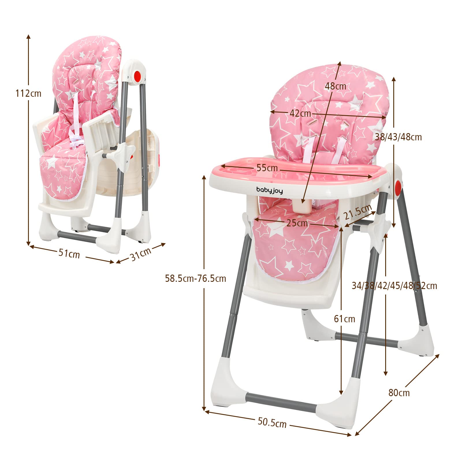 Folding Baby Highchair Eating Feeding Table Booster Seat with 6-Level Height Adjustment