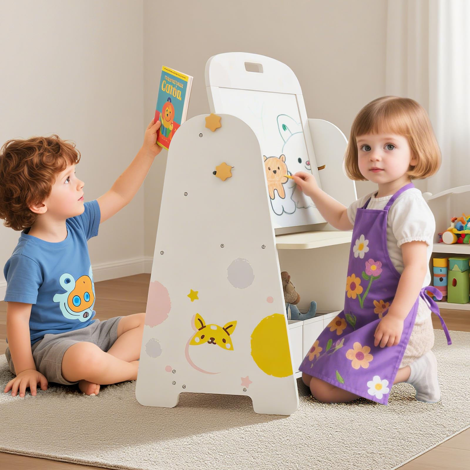 Easel for Kids with Stool, 4-in-1 Double-Sided Adjustable Magnetic Chalkboard with Paper Roll