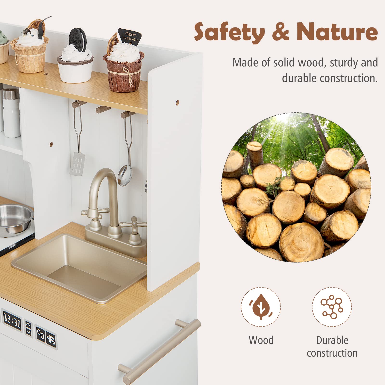 INFANS Kid Kitchen Playset Toddler Wooden Pretend Cooking Set with Realistic Light & Sound