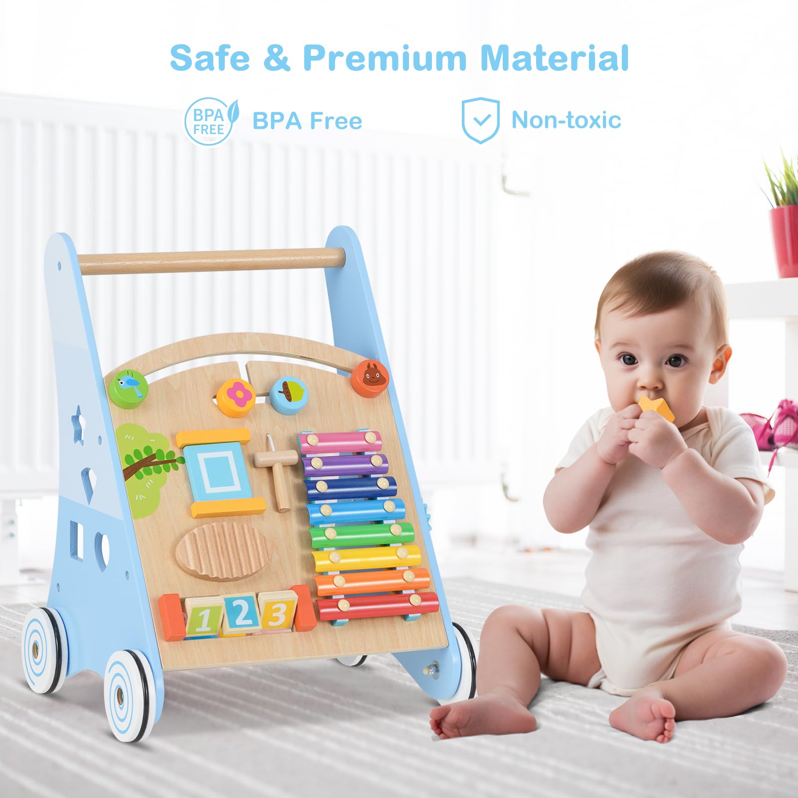 INFANS Wooden Baby Walker, Montessori Walker with Multiple Activity Toys