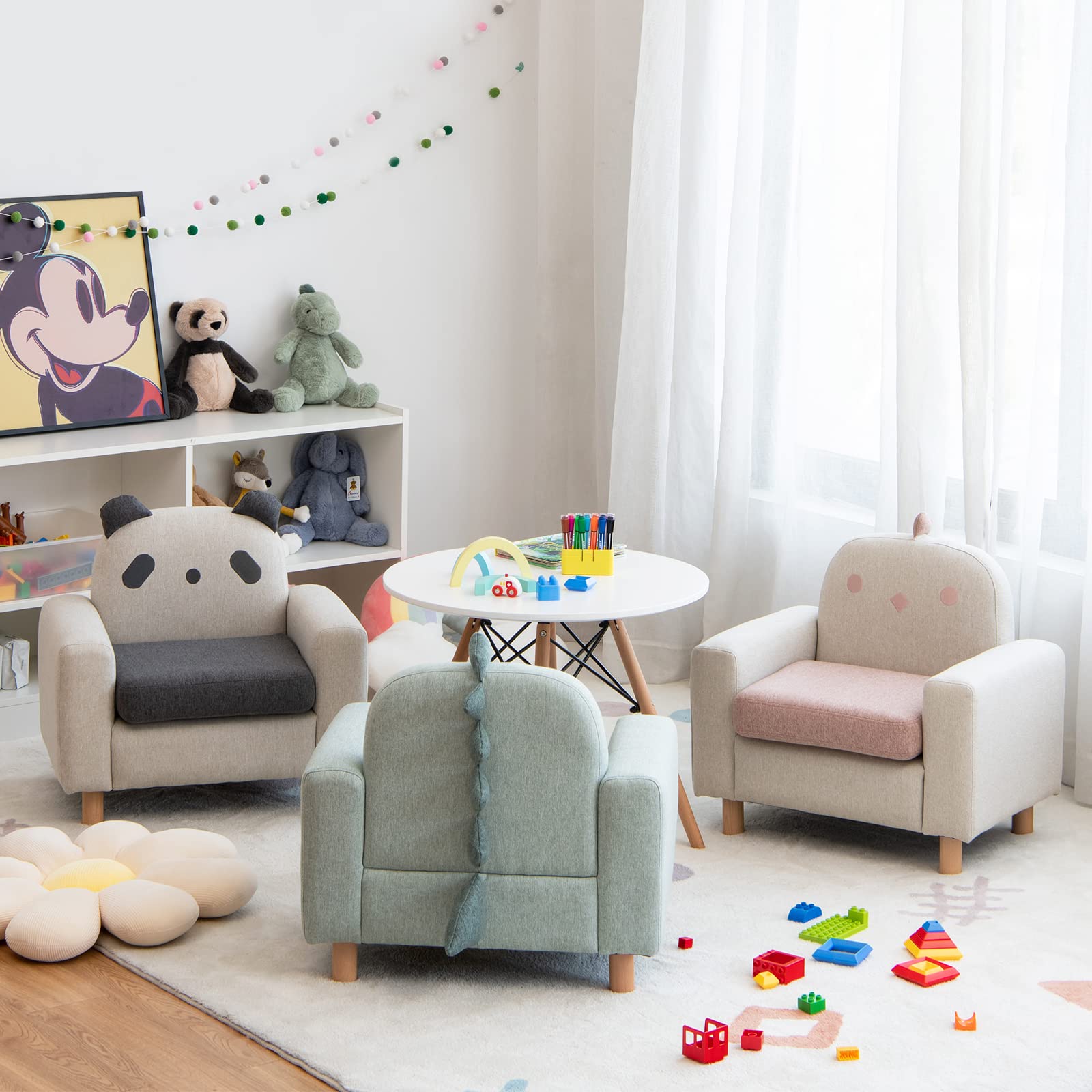 Kids Sofa Wooden Armrest Chair Couch with Thick Cushion Beech Legs
