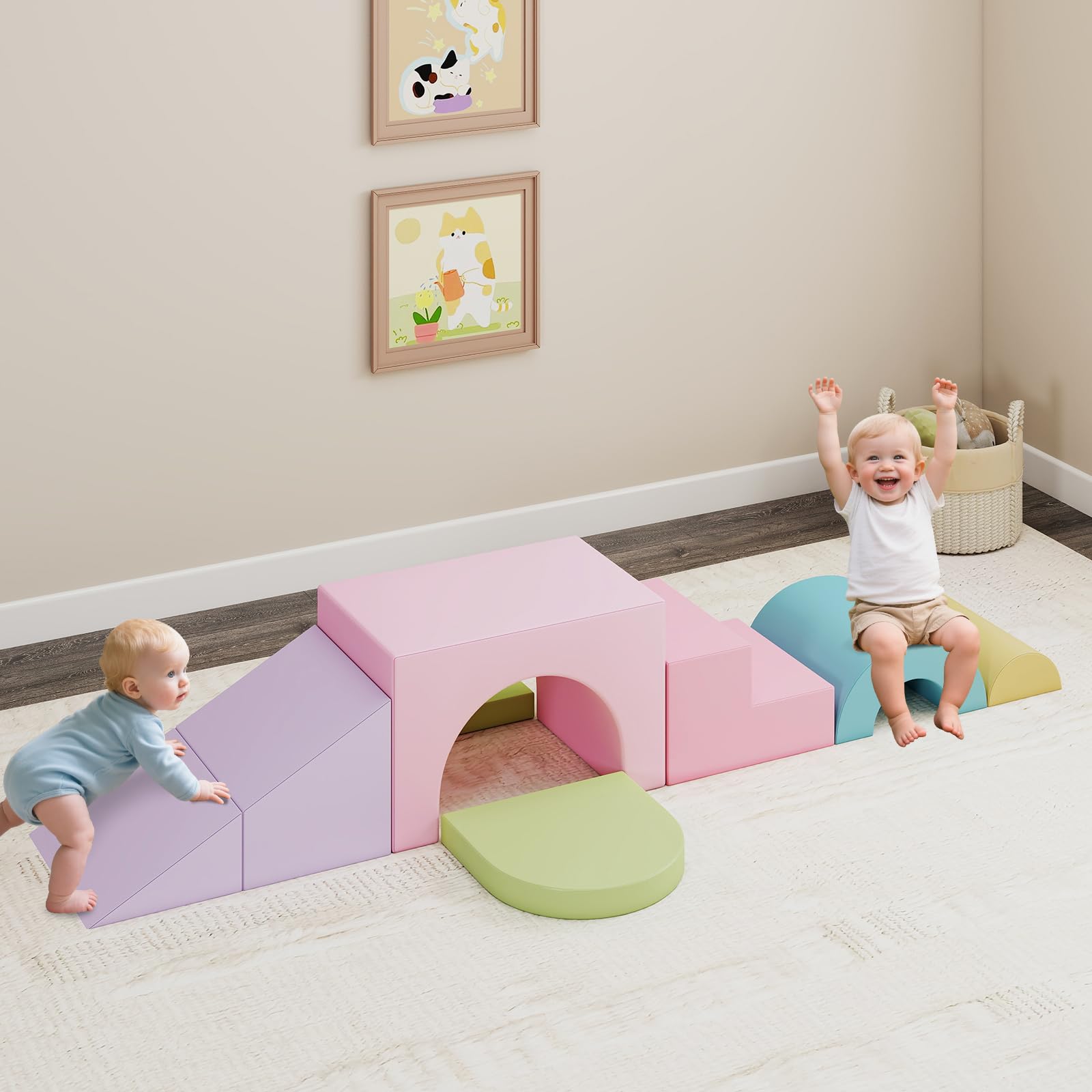 OLAKIDS Toddler Climbing Toys Indoor, 7 Pieces Baby Foam Blocks Soft Play Set with PU Leather