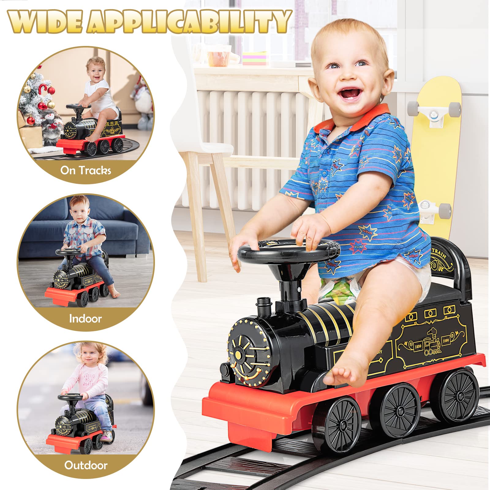 OLAKIDS Kids Ride On Train with Track 6V Electric Toy with Lights and Sounds