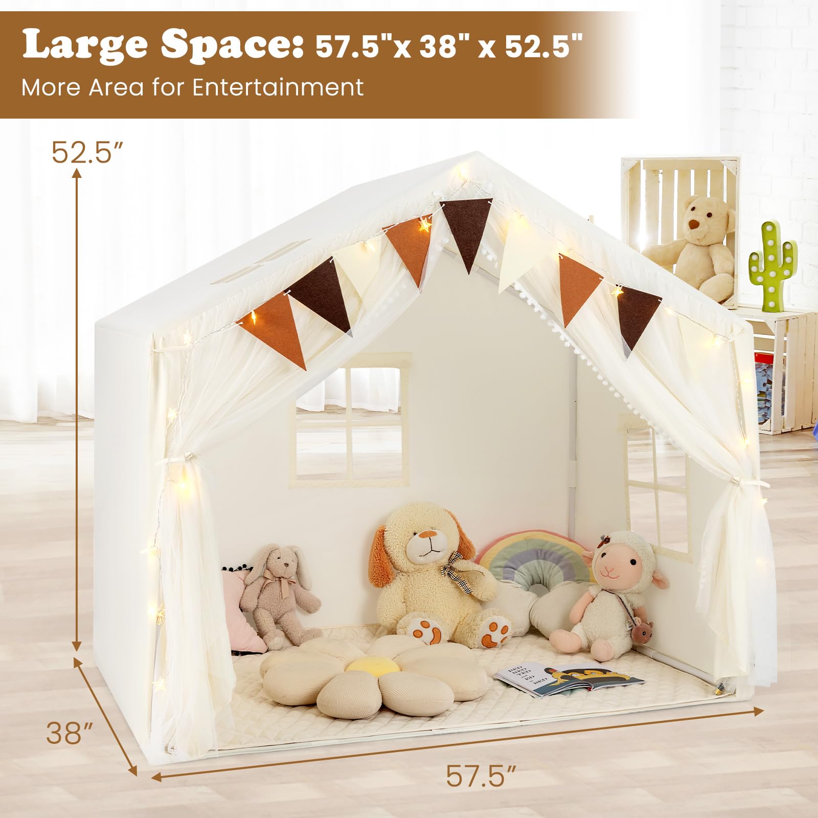 INFANS Kids Play Tent, Large Size Playhouse with Washable Cotton Mat Star Light Windows Plaid Pennants