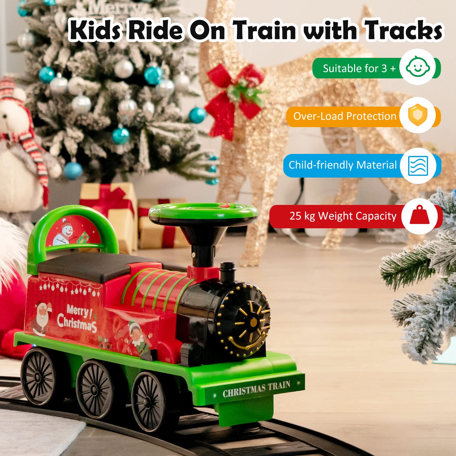 Ride on Train Track, 6V Electric Ride on Train with Tracks, Storage Seat, Flashing Lights & Music