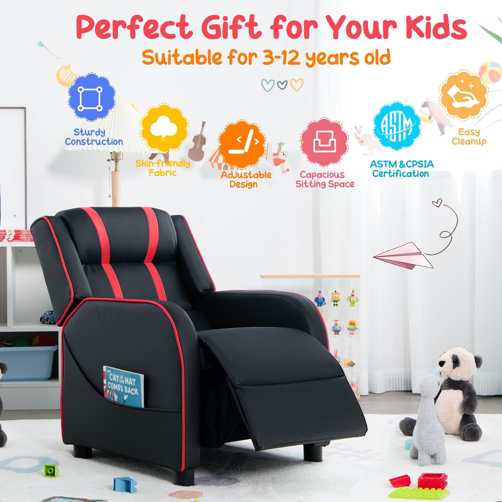 Kids Recliner Sofa Couch with Adjustable Backrest Footrest and High Density Sponge