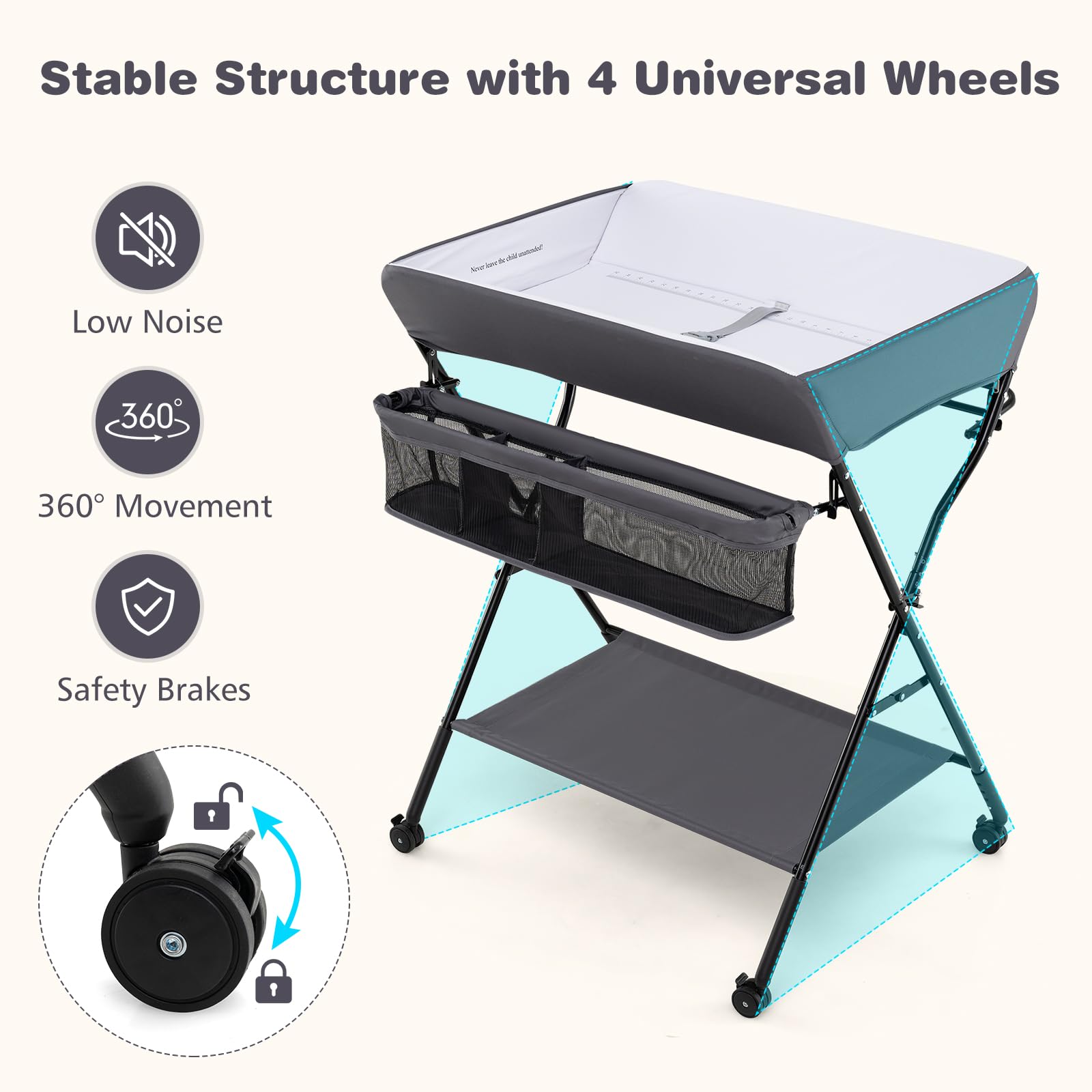 INFANS Baby Changing Table with Wheels Portable Folding Diaper Station Nursery Organizer with Storage Basket