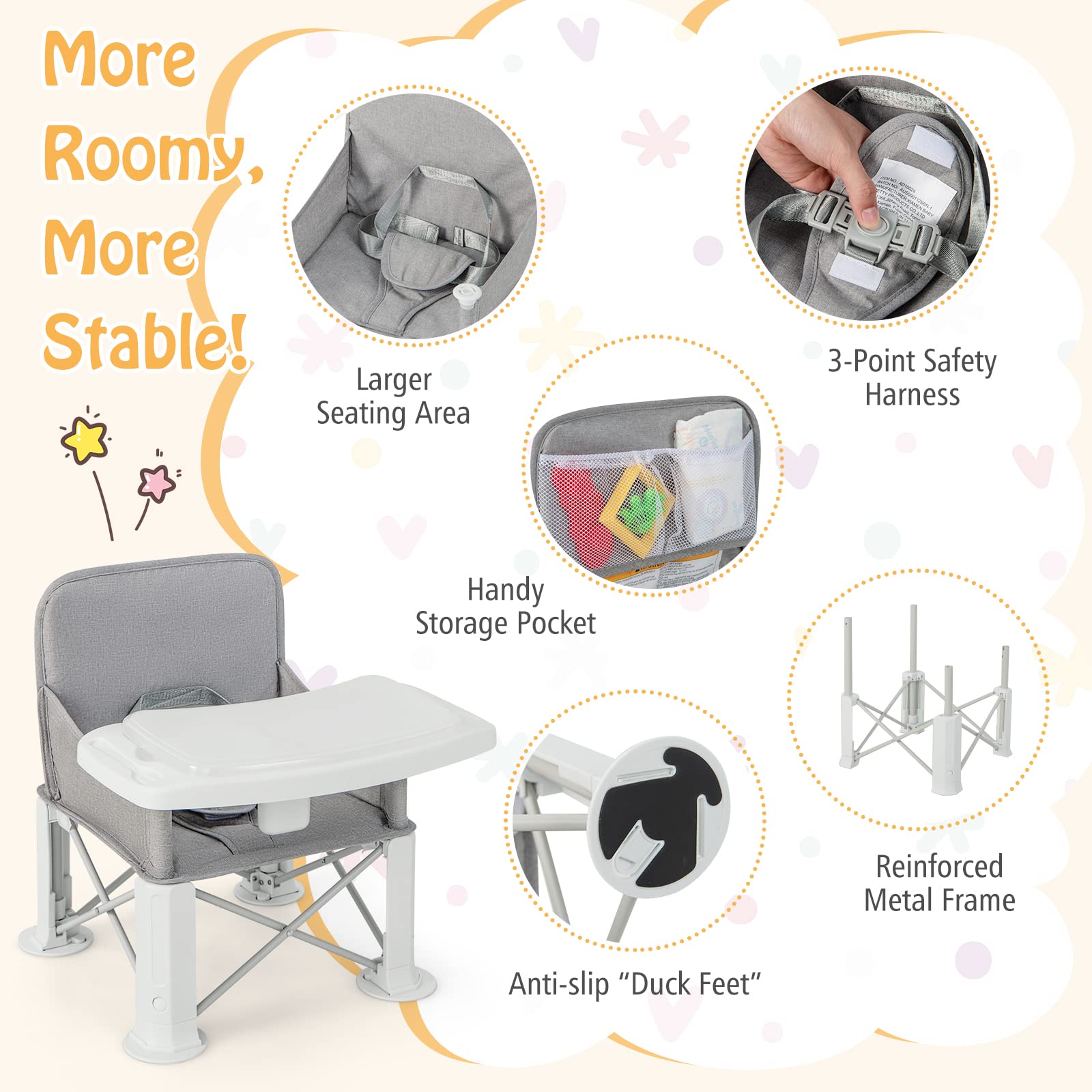 Baby Travel Booster Seat Portable Folding Toddler Floor Dining Chair w/Removable Swivel Double Tray