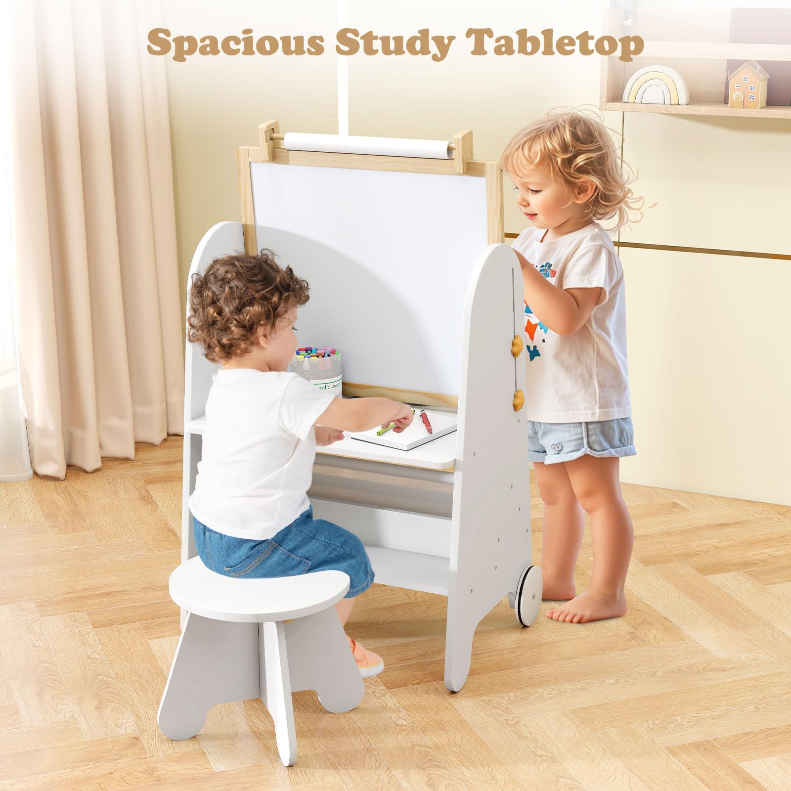 INFANS Easel for Kids with Stool, 4-in-1 Double-Sided Adjustable Magnetic Chalkboard with Paper Roll